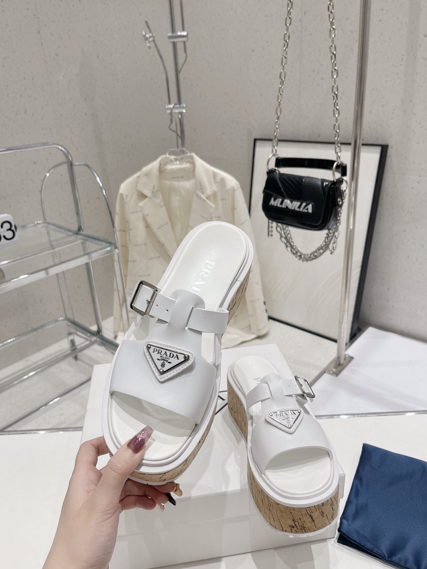 Prada Wedge Platform Sandals White  For Women 2.9 in/ 7.5 cm 1XX641_3LLP_F0009_F_075