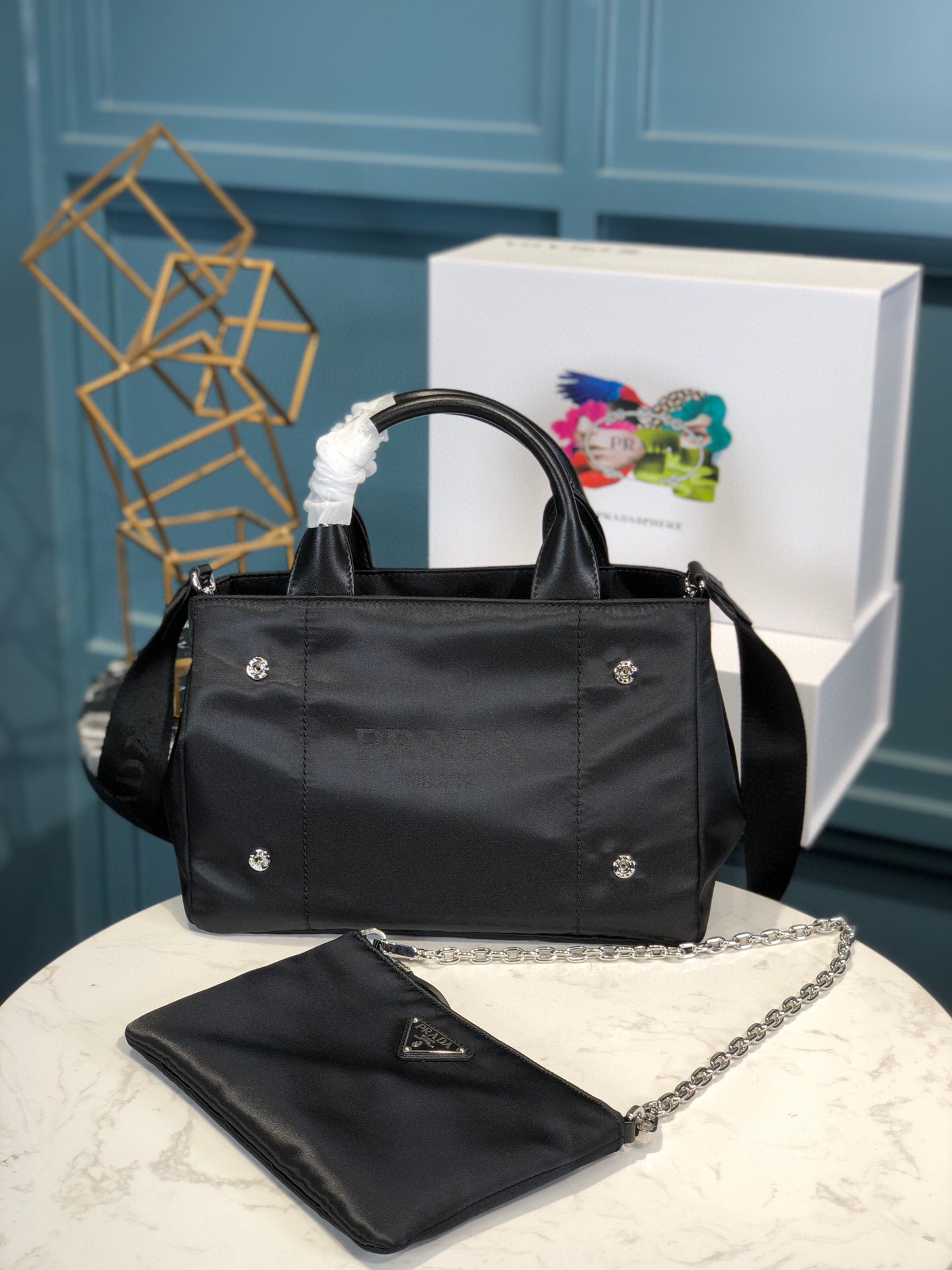 Prada Zip Pocket Chain Tote Bag Tessuto In Black For Women 11in/ 28cm