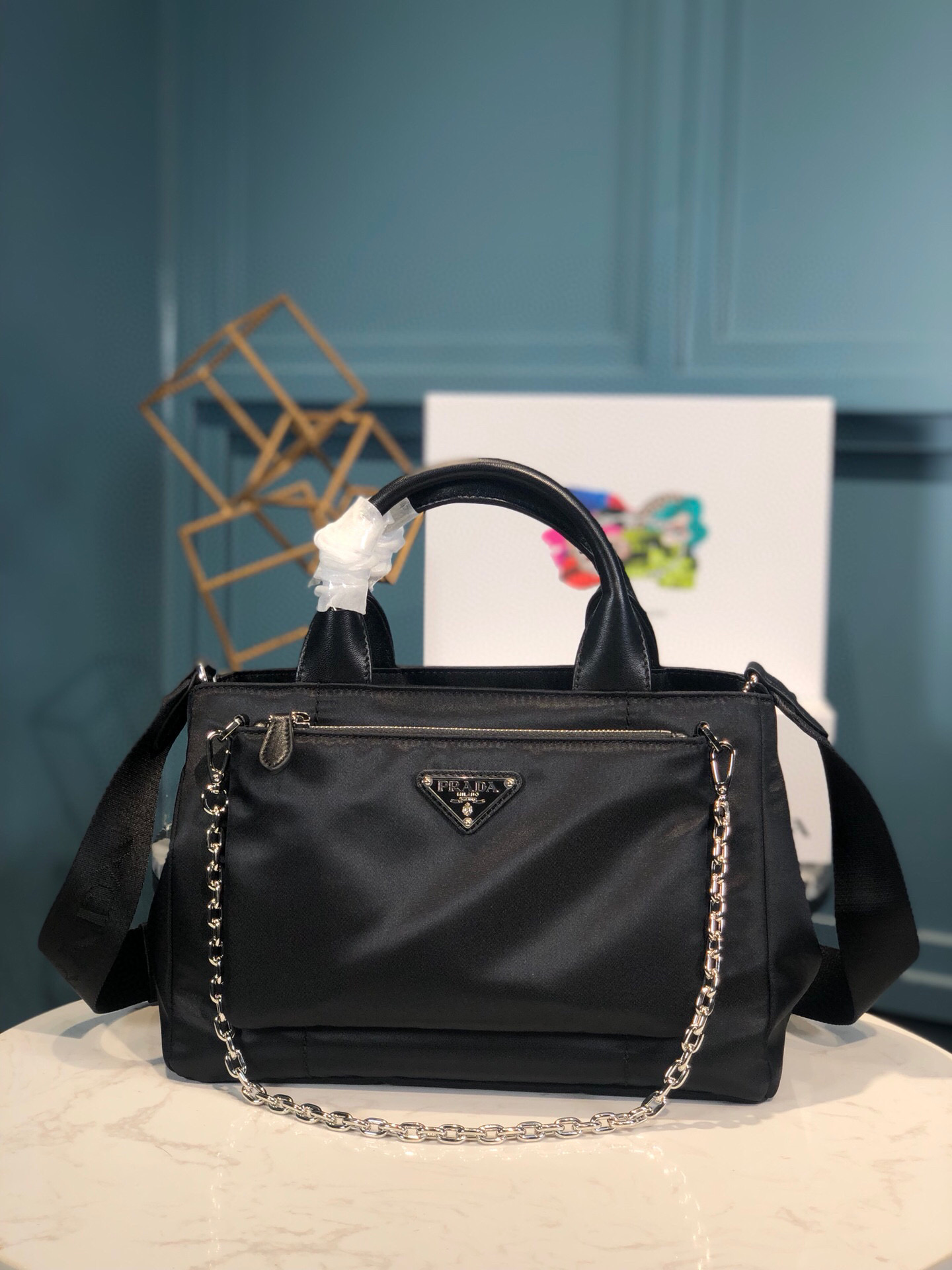Prada Zip Pocket Chain Tote Bag Tessuto In Black For Women 11in/ 28cm