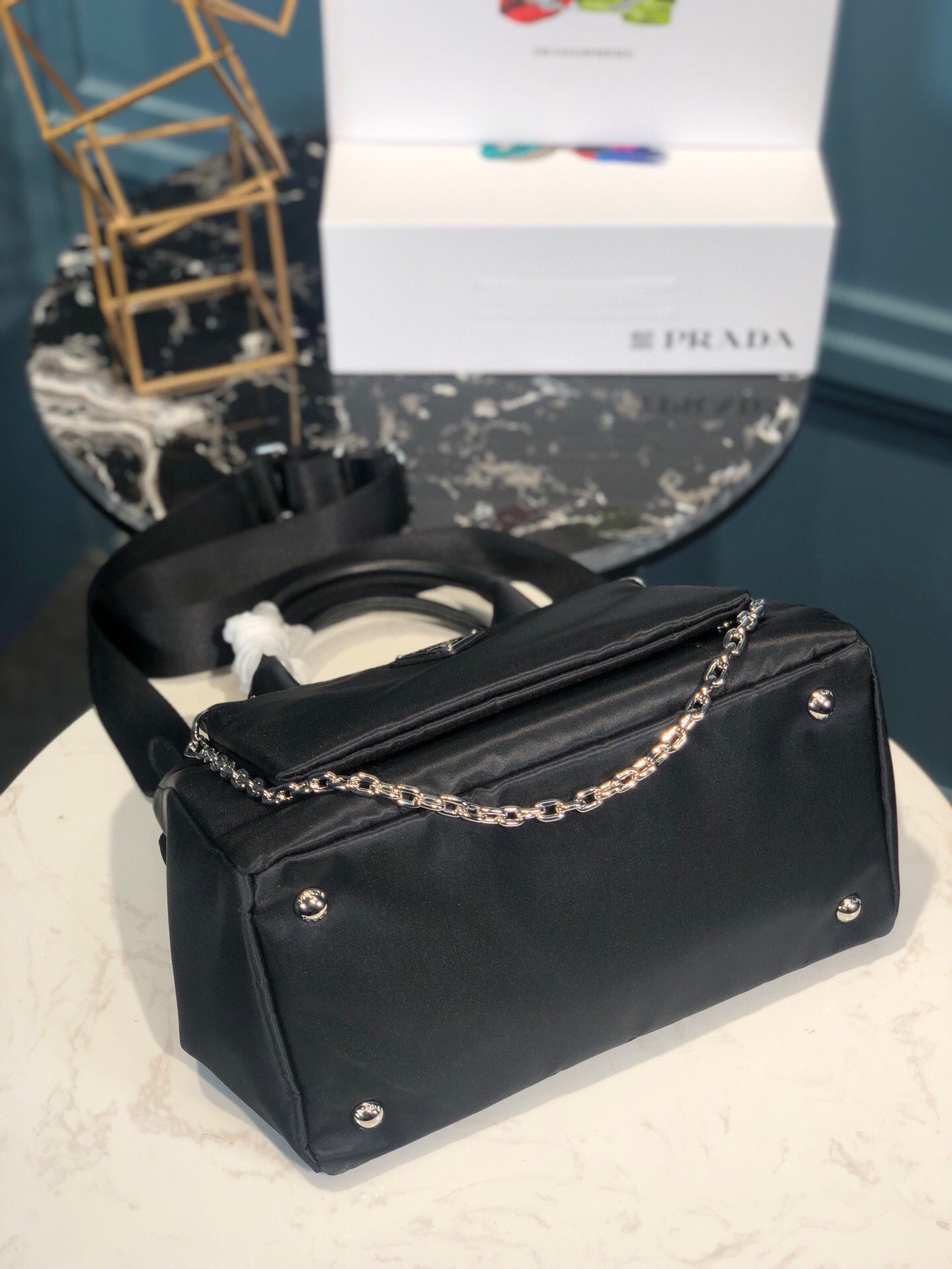 Prada Zip Pocket Chain Tote Bag Tessuto In Black For Women 11in/ 28cm
