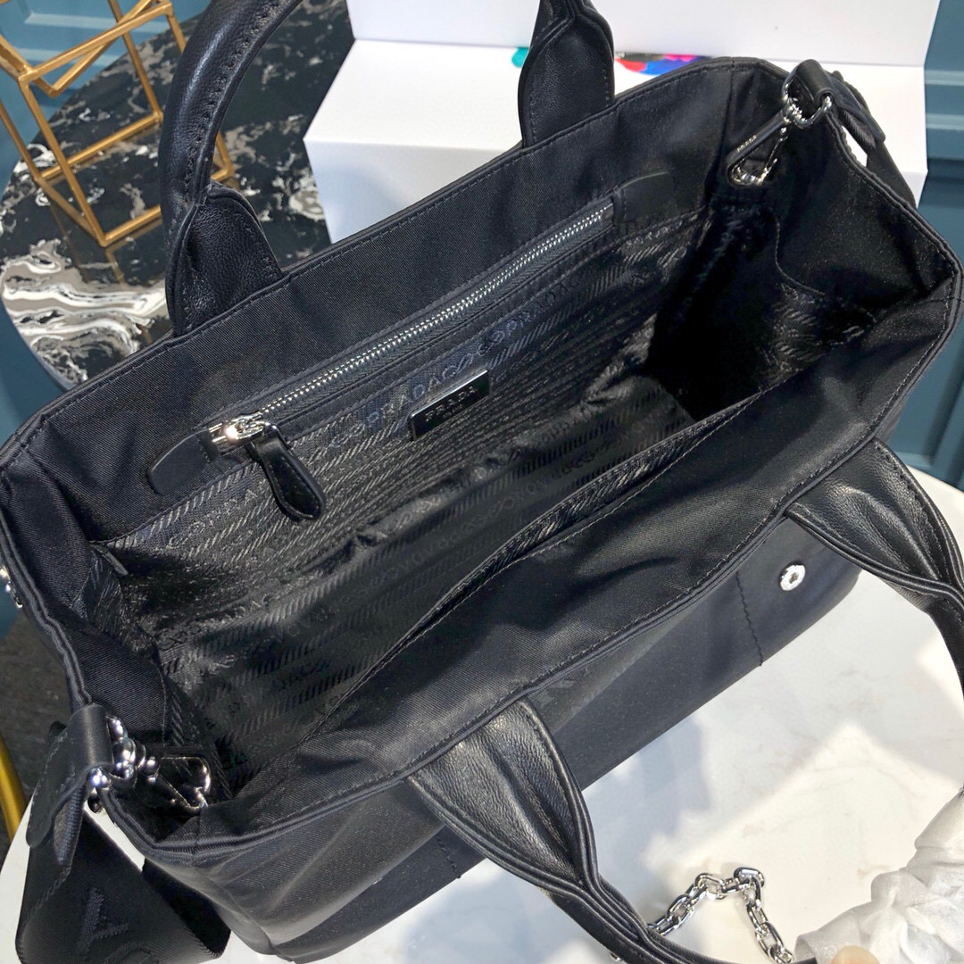 Prada Zip Pocket Chain Tote Bag Tessuto In Black For Women 11in/ 28cm