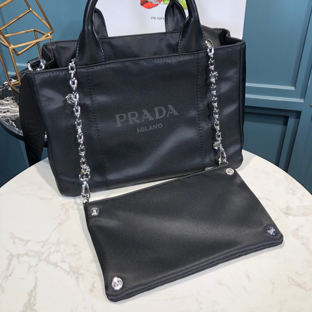 Prada Zip Pocket Chain Tote Bag Tessuto In Black For Women 11in/ 28cm