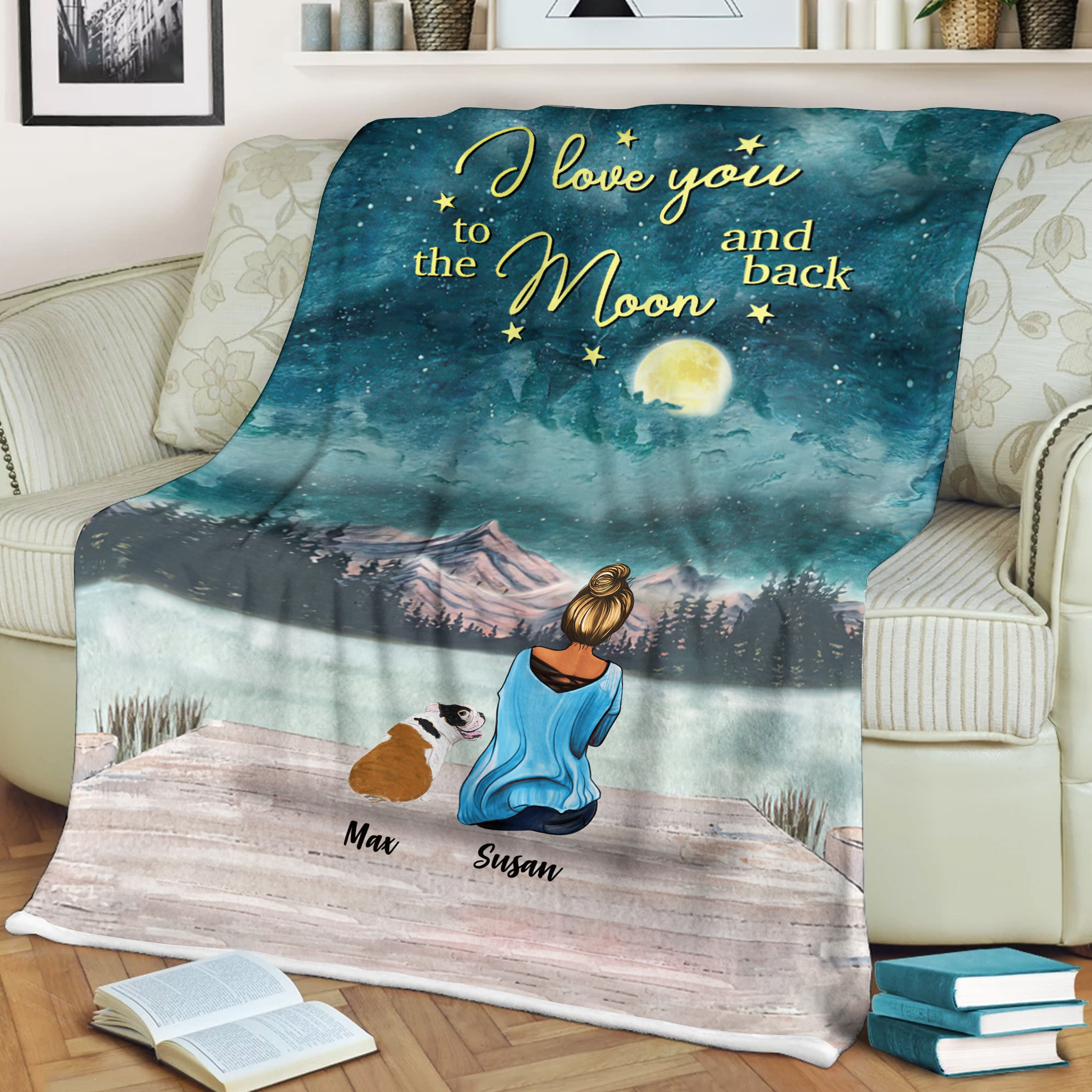 Dogs Mom I Love You To The Moon And Back Personalized Fleece Blanket
