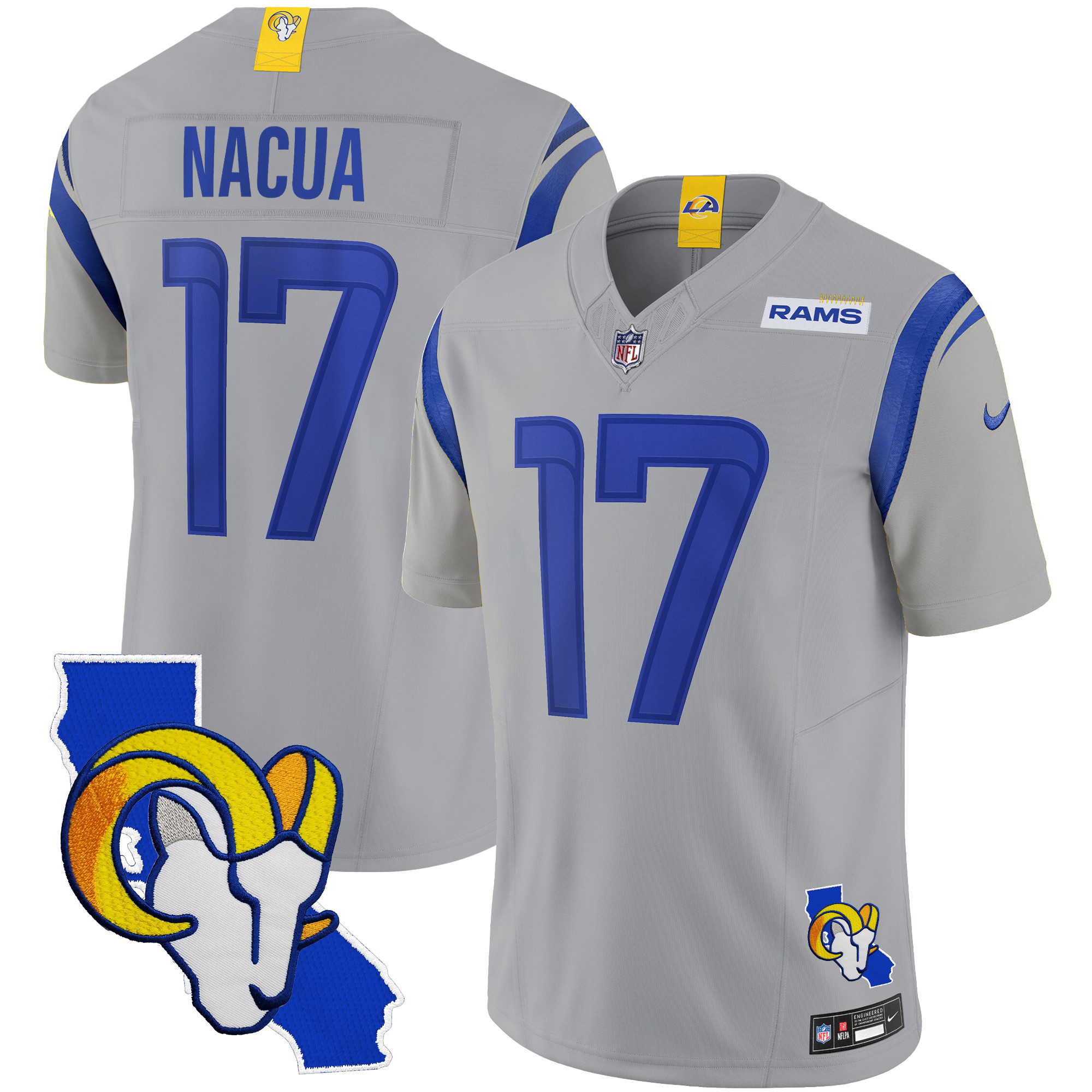 Puka Nacua Men's Los Angeles Rams California Patch Vapor Limited Gray Jersey - All Stitched 