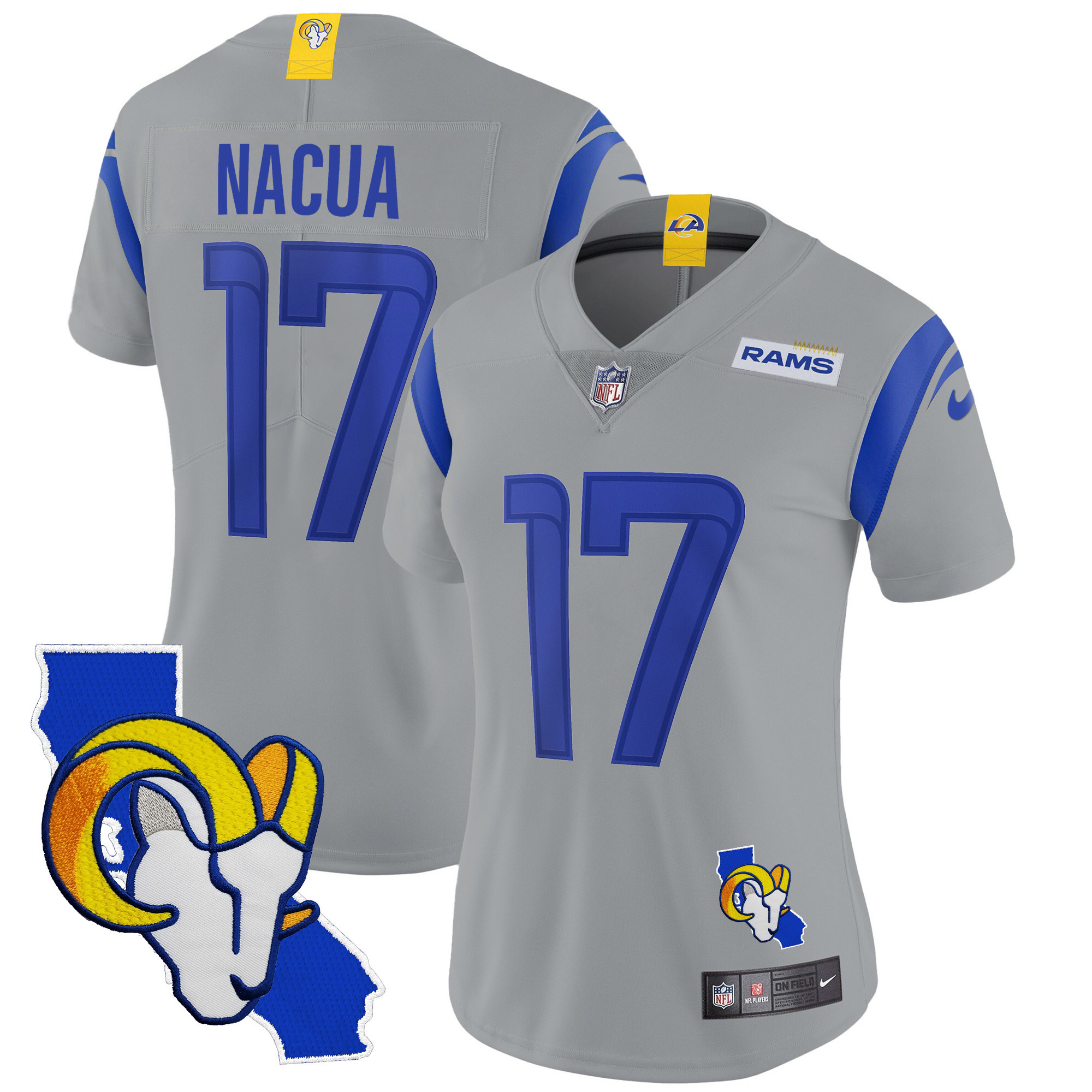 Puka Nacua Women's Los Angeles Rams California Patch Vapor Limited Gray Jersey - All Stitched 