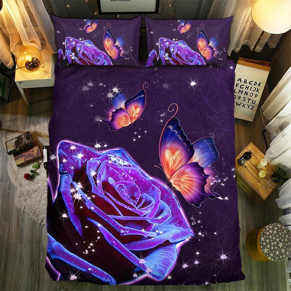 Purple Rose And Butterfly 3D Customized Duvet Cover Bedding Set