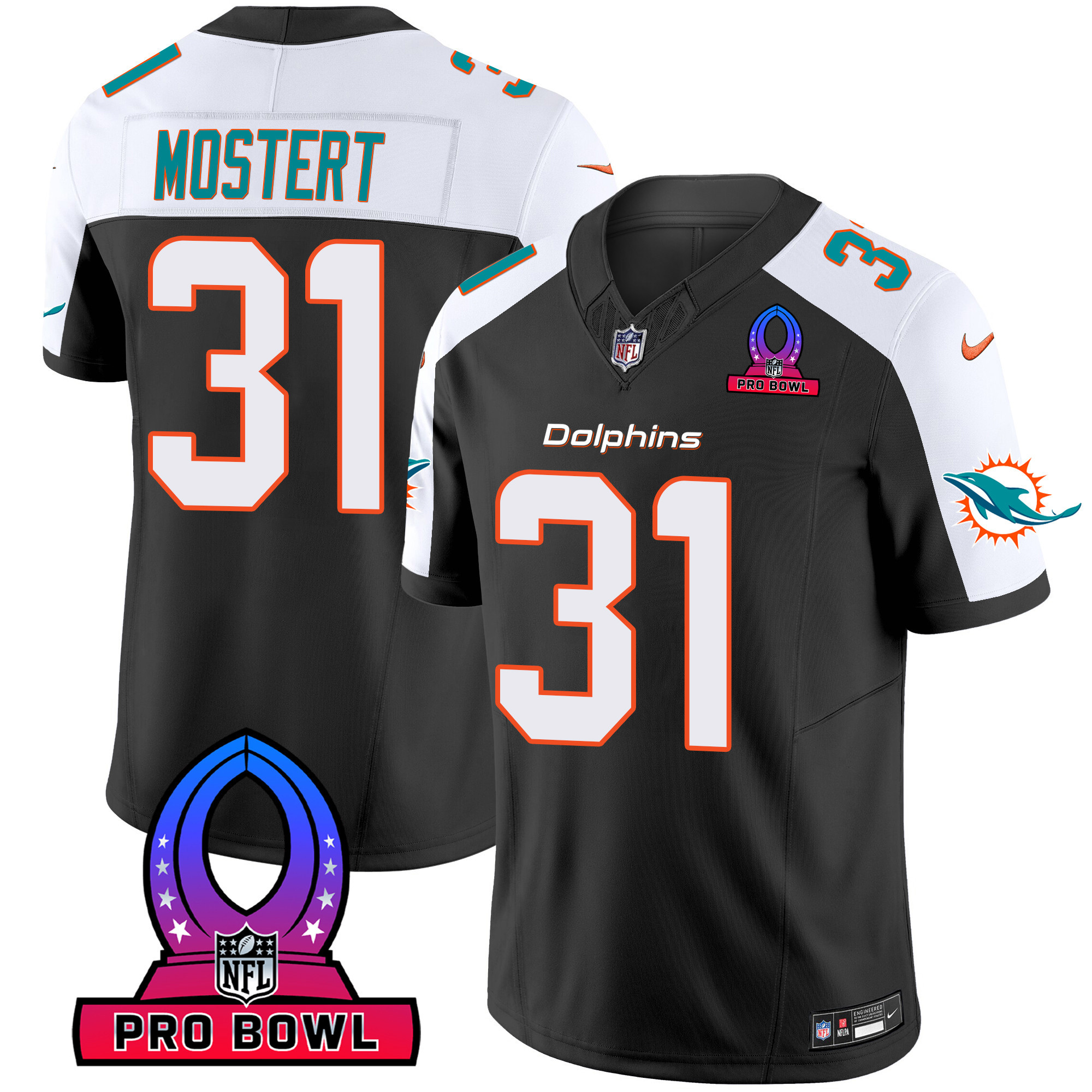 Raheem Mostert Men's Miami Dolphins 2024 Pro Bowl Patch Vapor Black Alternate Jersey - All Stitched 