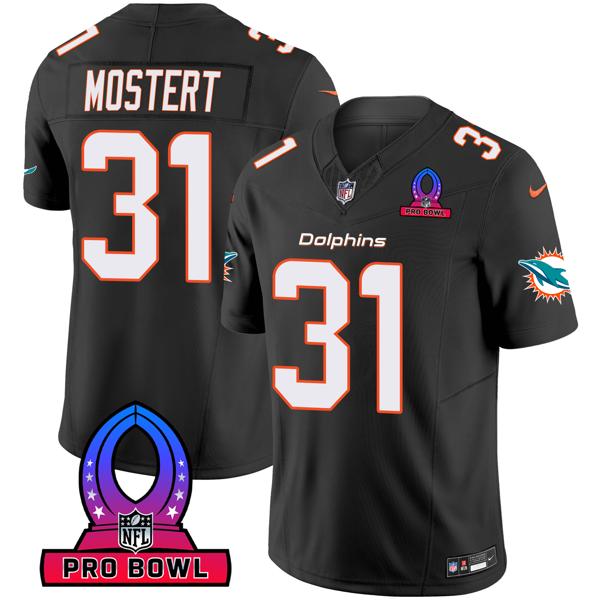 Raheem Mostert Men's Miami Dolphins 2024 Pro Bowl Patch Vapor Black Jersey - All Stitched 