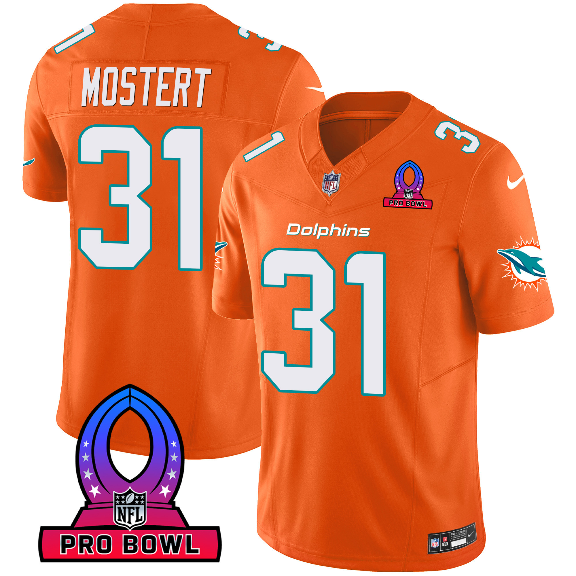 Raheem Mostert Men's Miami Dolphins 2024 Pro Bowl Patch Vapor Orange Jersey - All Stitched 