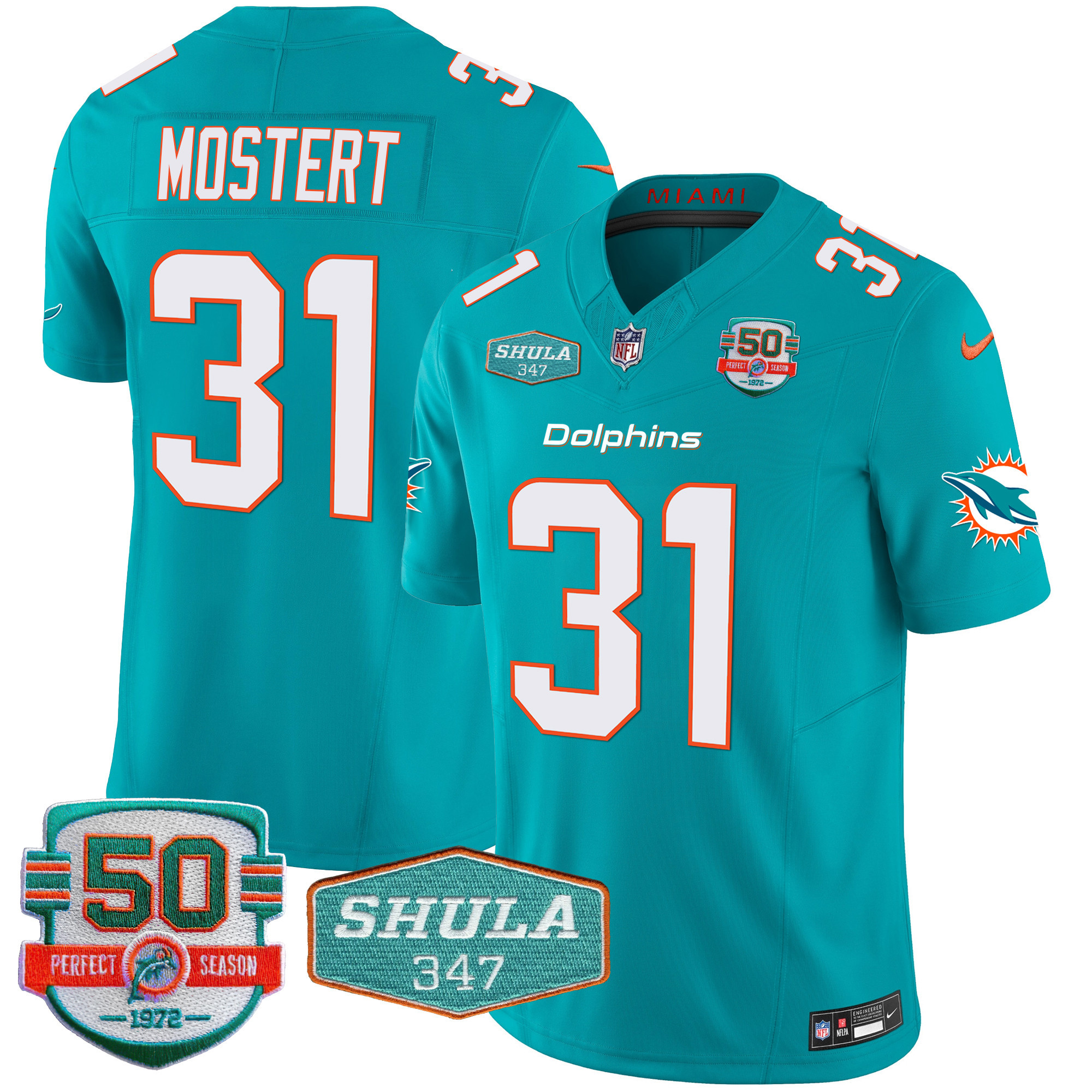 Raheem Mostert Men's Miami Dolphins Shula 347 Patch Vapor Aqua Jersey - All Stitched 