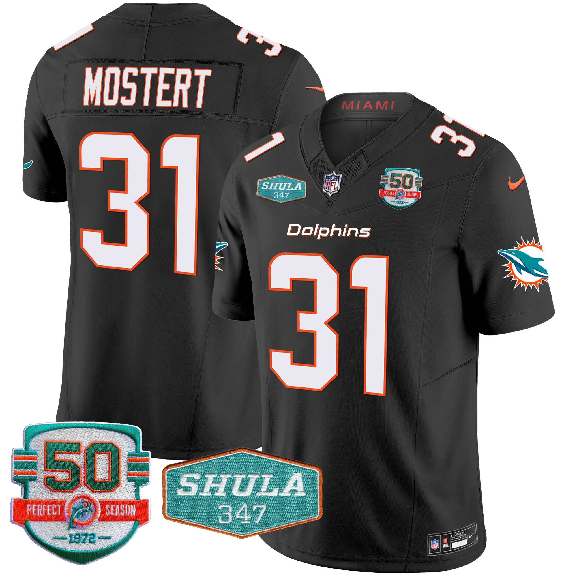 Raheem Mostert Men's Miami Dolphins Shula 347 Patch Vapor Black Jersey - All Stitched 