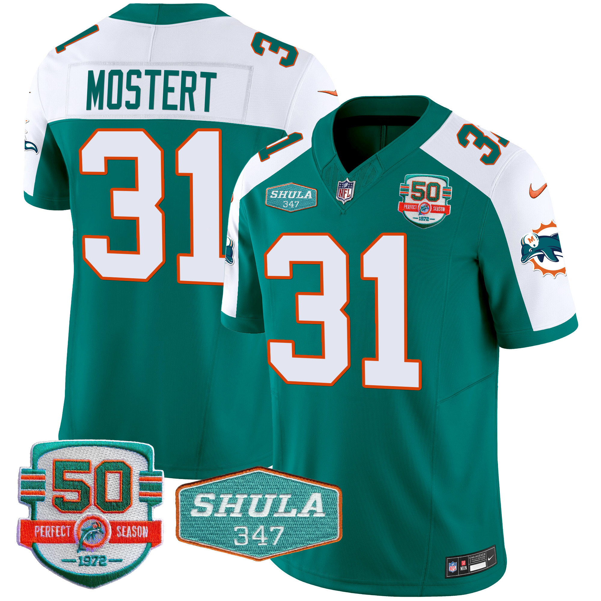 Raheem Mostert Men's Miami Dolphins Throwback Shula 347 Patch Vapor Aqua Alternate Jersey - All Stitched 