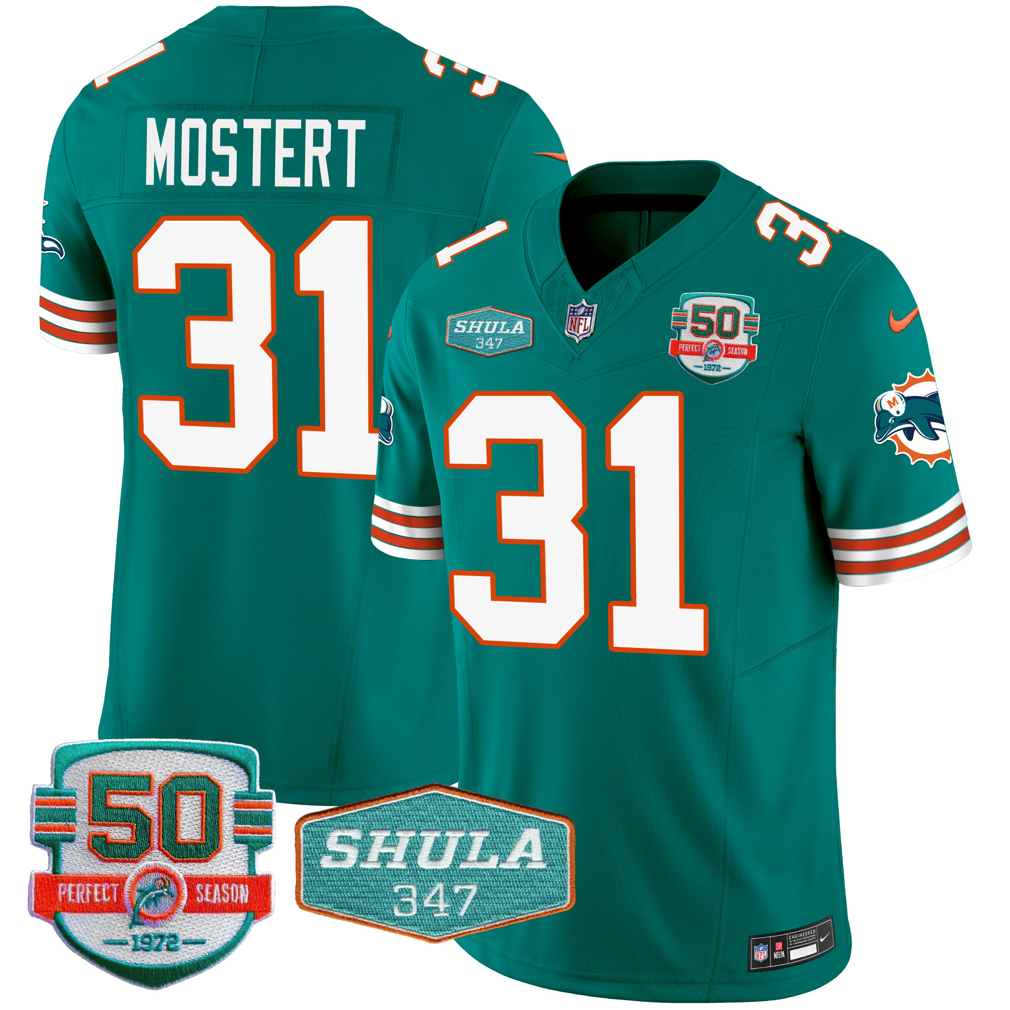 Raheem Mostert Men's Miami Dolphins Throwback Shula 347 Patch Vapor Aqua Jersey - All Stitched 