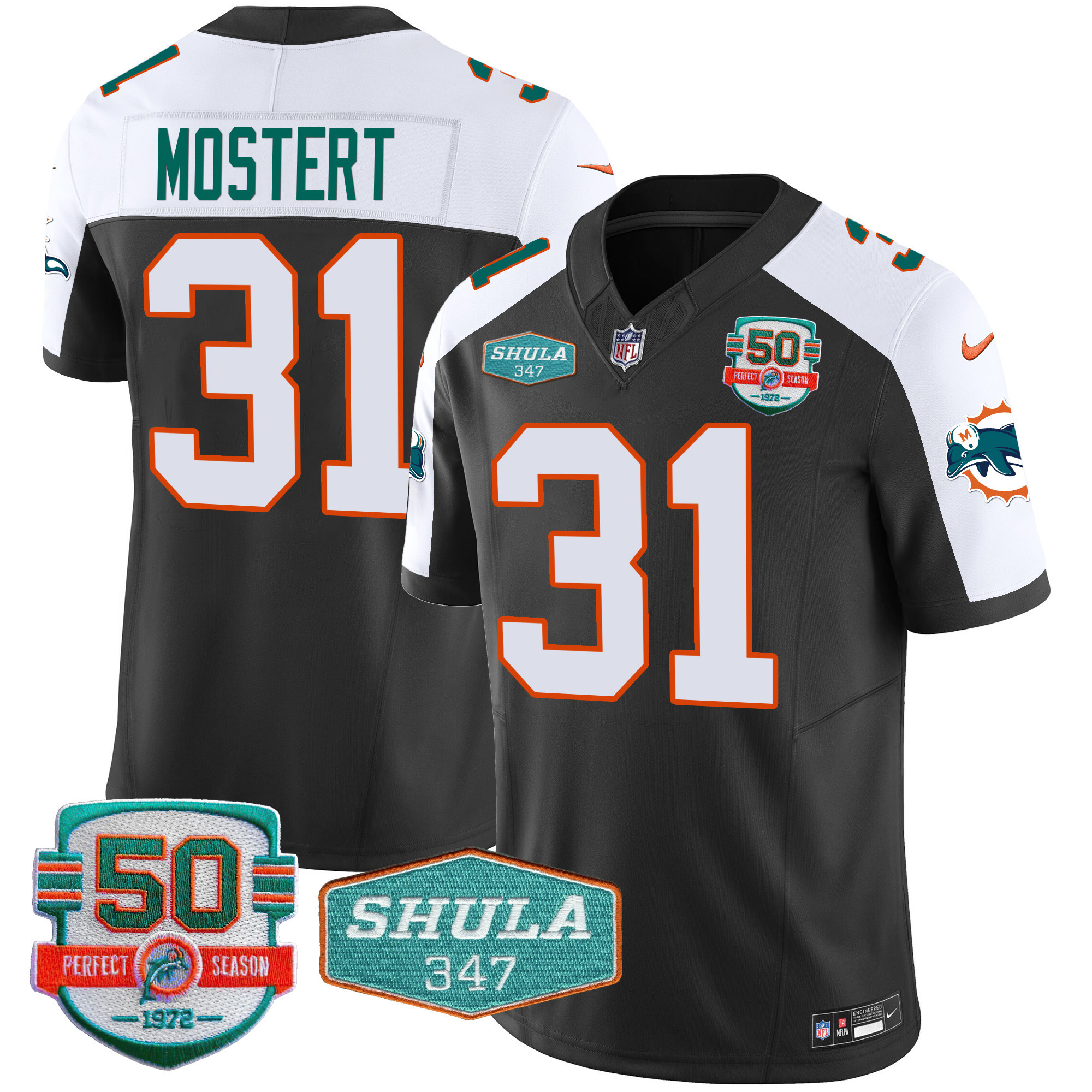 Raheem Mostert Men's Miami Dolphins Throwback Shula 347 Patch Vapor Black Alternate Jersey - All Stitched 