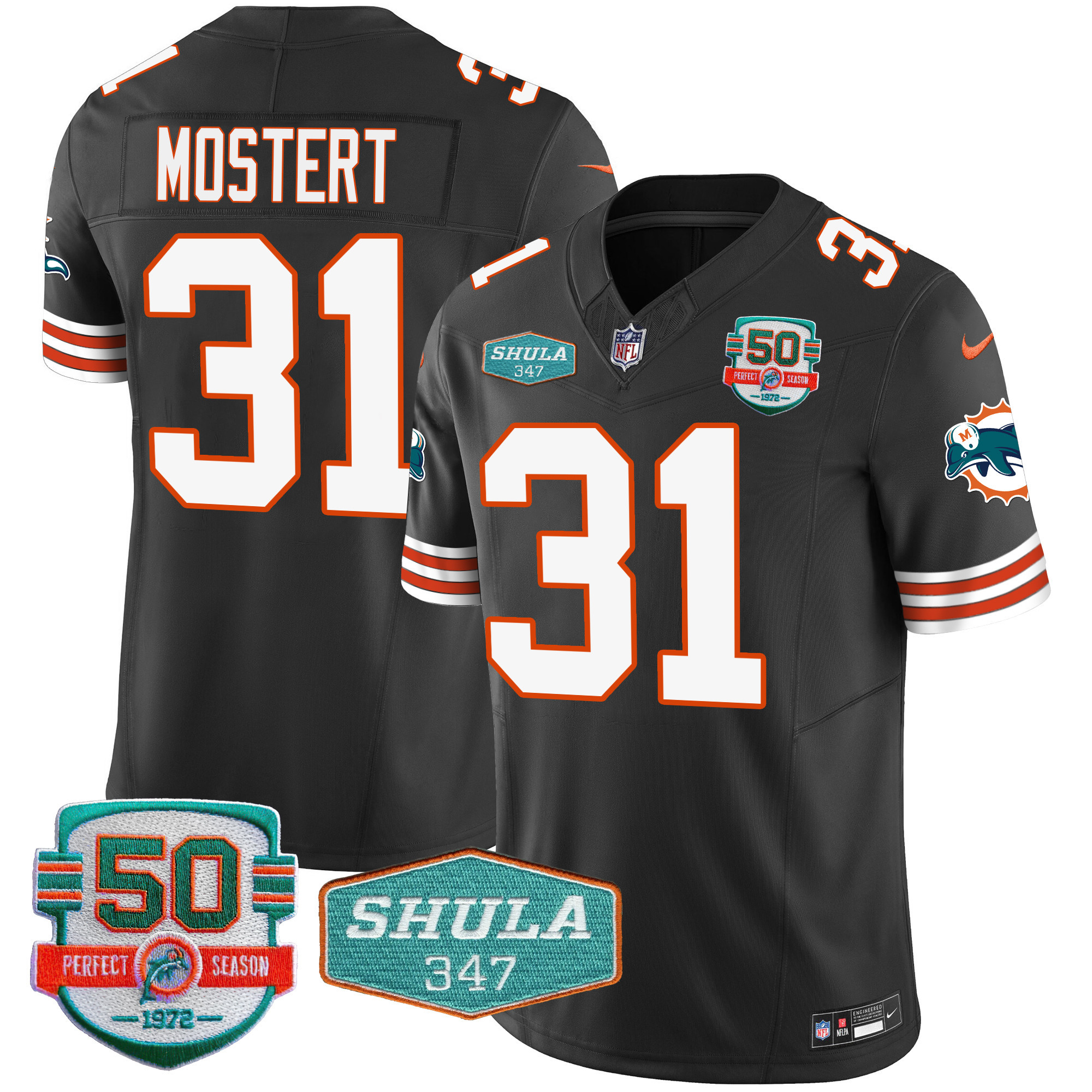 Raheem Mostert Men's Miami Dolphins Throwback Shula 347 Patch Vapor Black Jersey - All Stitched 