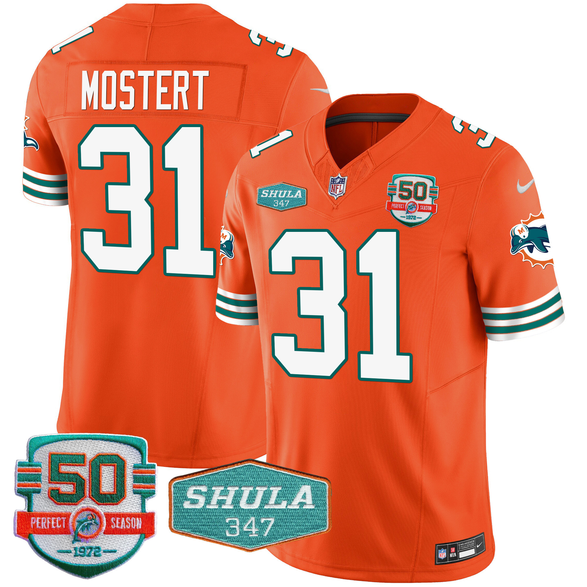 Raheem Mostert Men's Miami Dolphins Throwback Shula 347 Patch Vapor Orange Jersey - All Stitched 