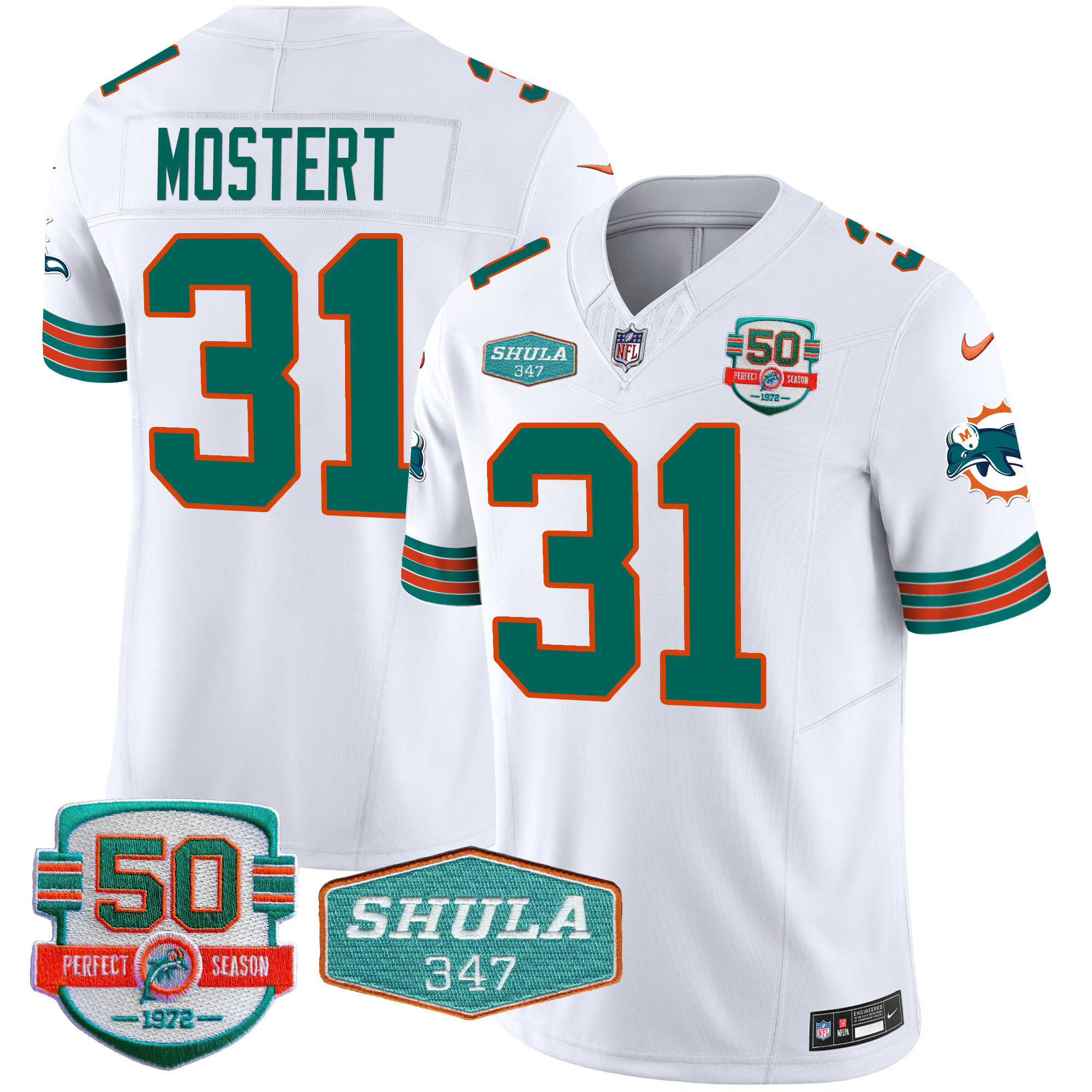 Raheem Mostert Men's Miami Dolphins Throwback Shula 347 Patch Vapor White Jersey - All Stitched 
