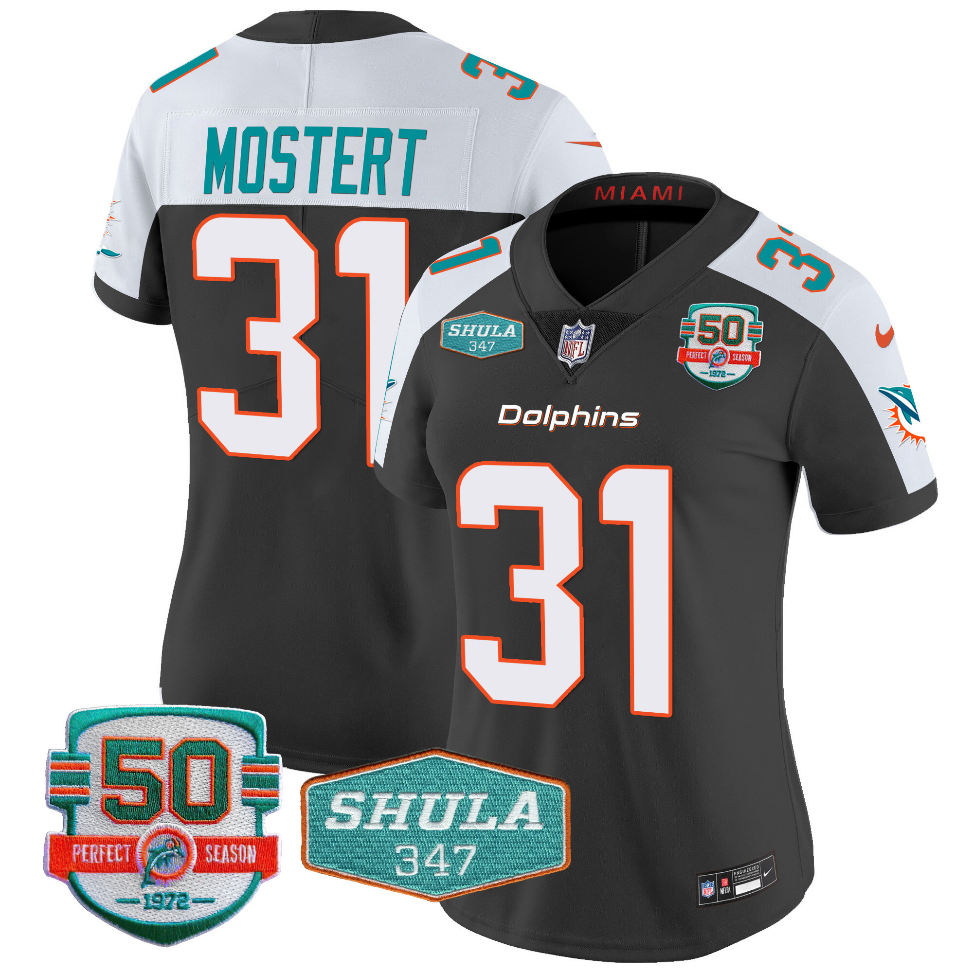Raheem Mostert Women's Miami Dolphins Shula 347 Patch Vapor Black Alternate Jersey - All Stitched 
