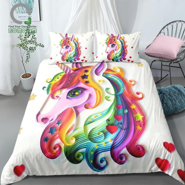 Rainbow Colorful Hand Drawn Floral Unicorn 3D Customized Duvet Cover Bedding Set
