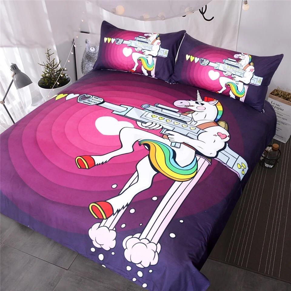 Rainbow Unicorn Holding A Hearts Gun 3D Customized Duvet Cover Bedding Set