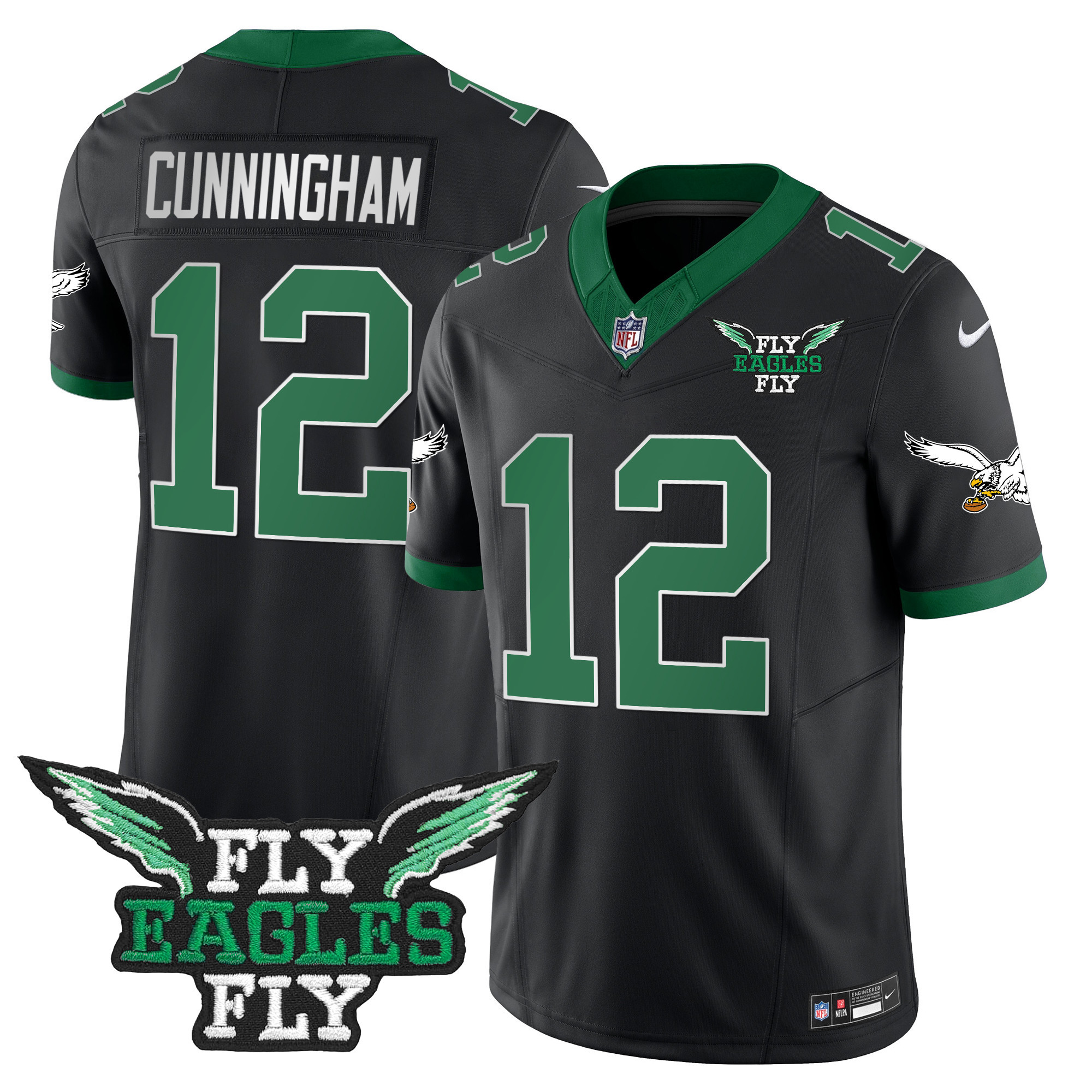 Randall Cunningham Men's Fly Philadelphia Eagles Fly Patch Throwback Kelly Green Vapor Black Jersey - All Stitched