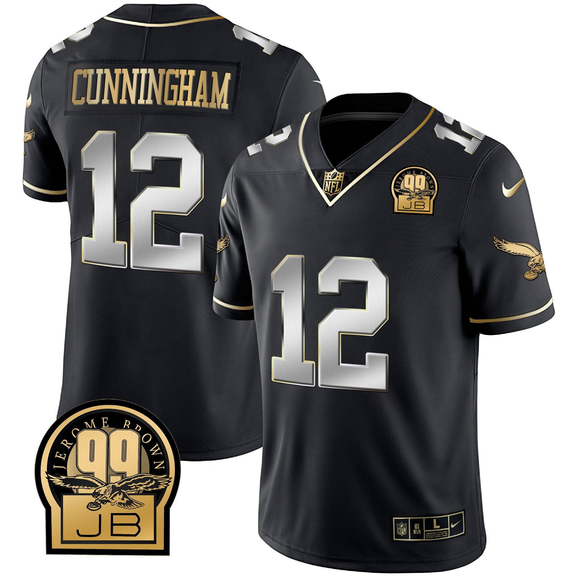Randall Cunningham Men's Philadelphia Eagles Jerome Brown Retired Patch Gold & Kelly Black Limited Jersey - All Stitched