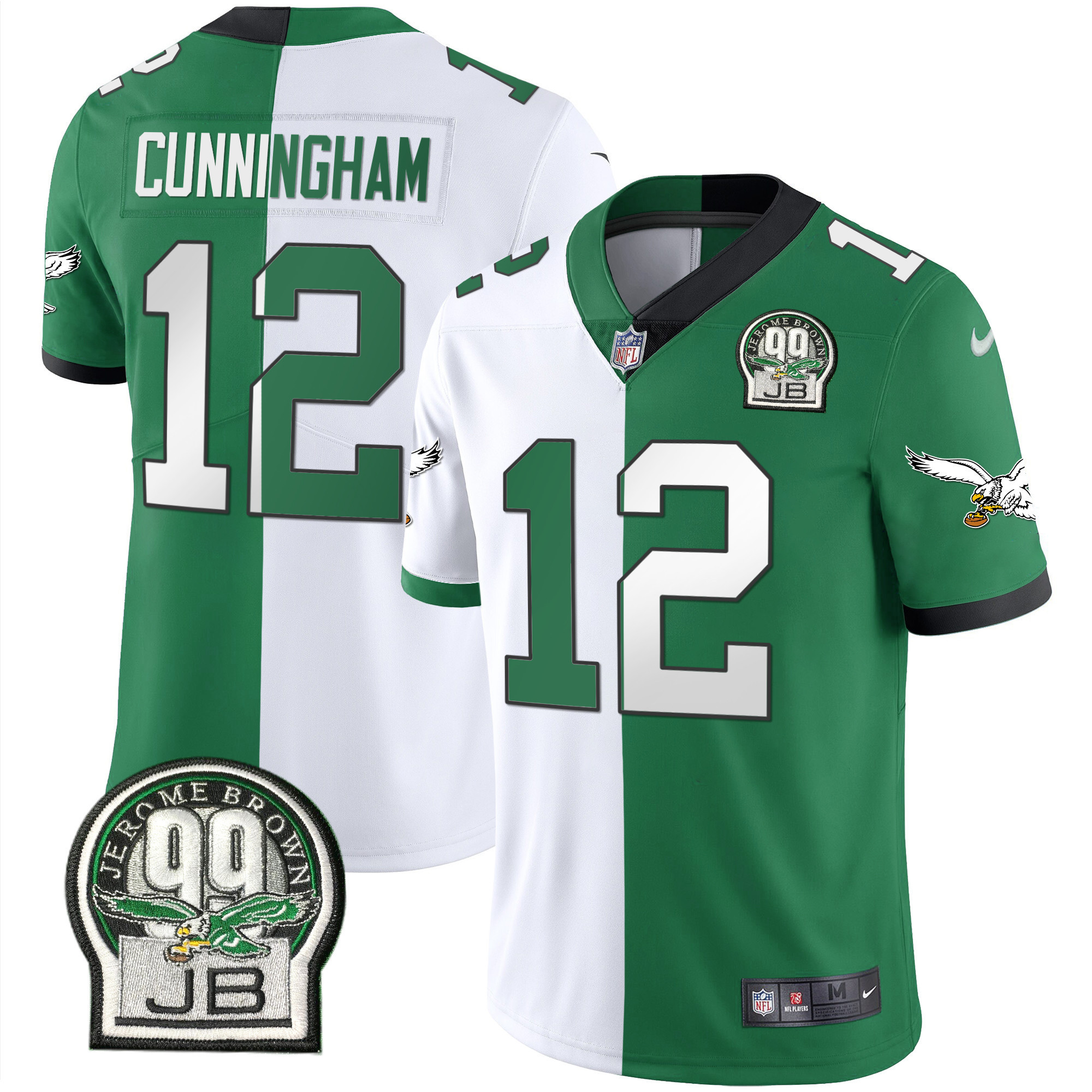 Randall Cunningham Men's Philadelphia Eagles Jerome Brown Retired Patch Gold & Kelly Split Jersey - All Stitched