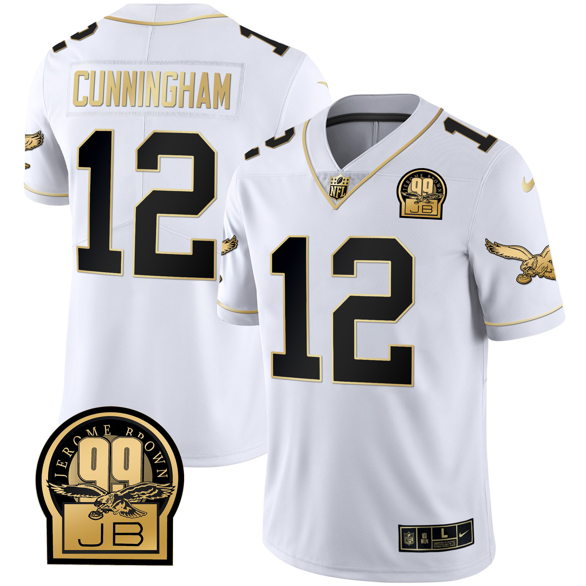 Randall Cunningham Men's Philadelphia Eagles Jerome Brown Retired Patch Gold & Kelly White Gold Jersey - All Stitched