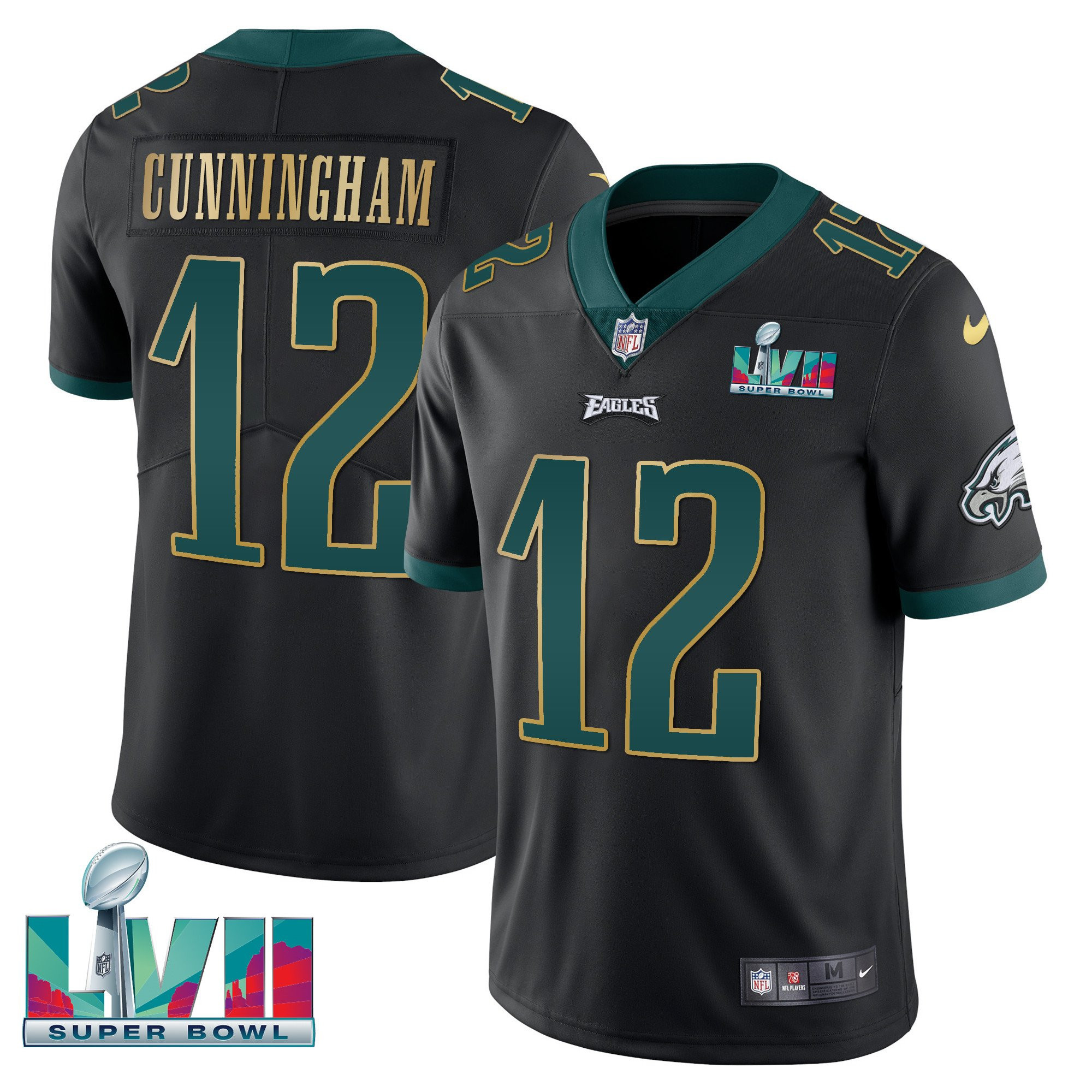 Randall Cunningham Men's Philadelphia Eagles Super Bowl Patch Vapor Black Gold Trim Jersey - All Stitched