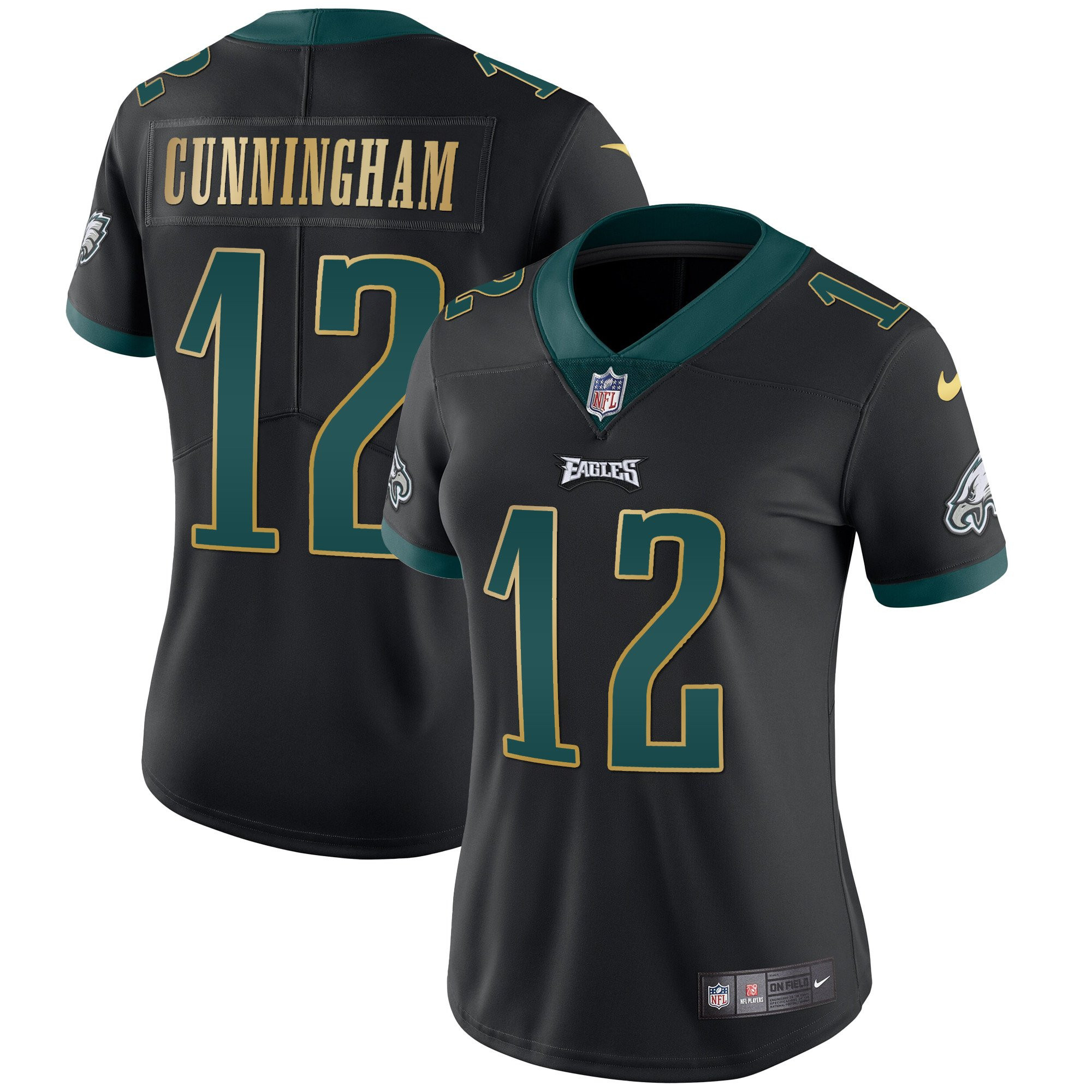 Randall Cunningham Women's Philadelphia Eagles Gold Trim Vapor Player Black Gold Trim Jersey - All Stitched