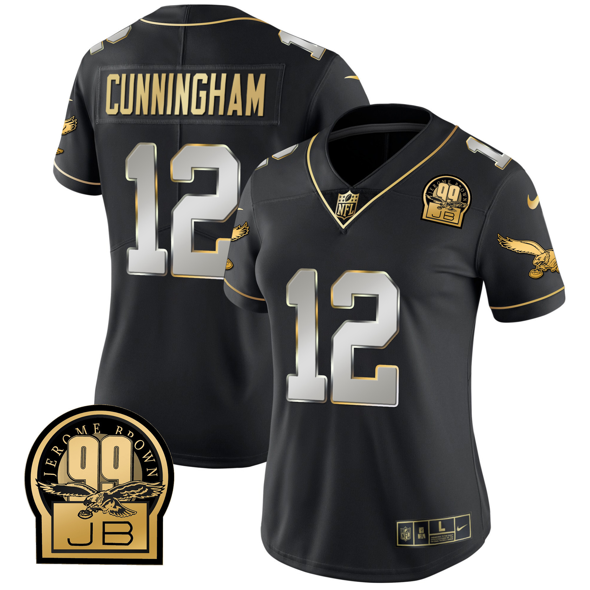 Randall Cunningham Women's Philadelphia Eagles Jerome Brown Retired Patch Gold & Kelly Black Limited Jersey - All Stitched