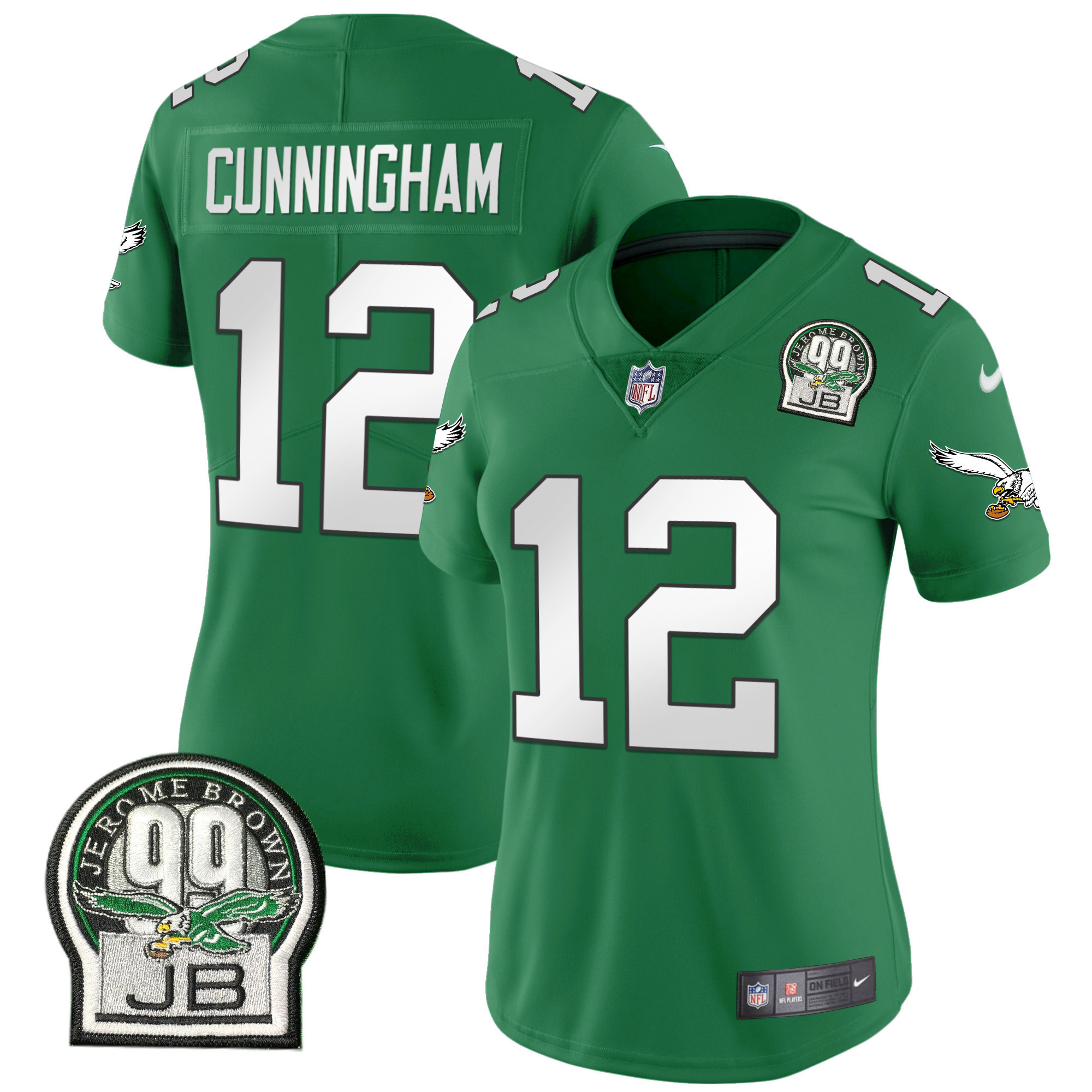 Randall Cunningham Women's Philadelphia Eagles Jerome Brown Retired Patch Gold & Kelly Kelly Green Jersey - All Stitched