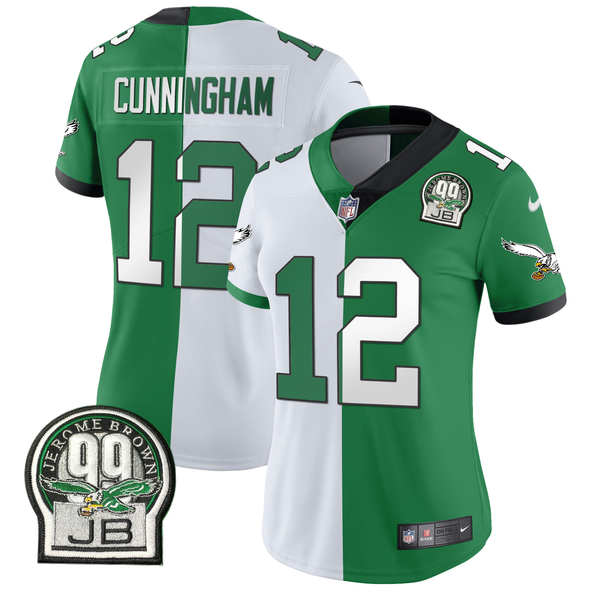 Randall Cunningham Women's Philadelphia Eagles Jerome Brown Retired Patch Gold & Kelly Split Jersey - All Stitched