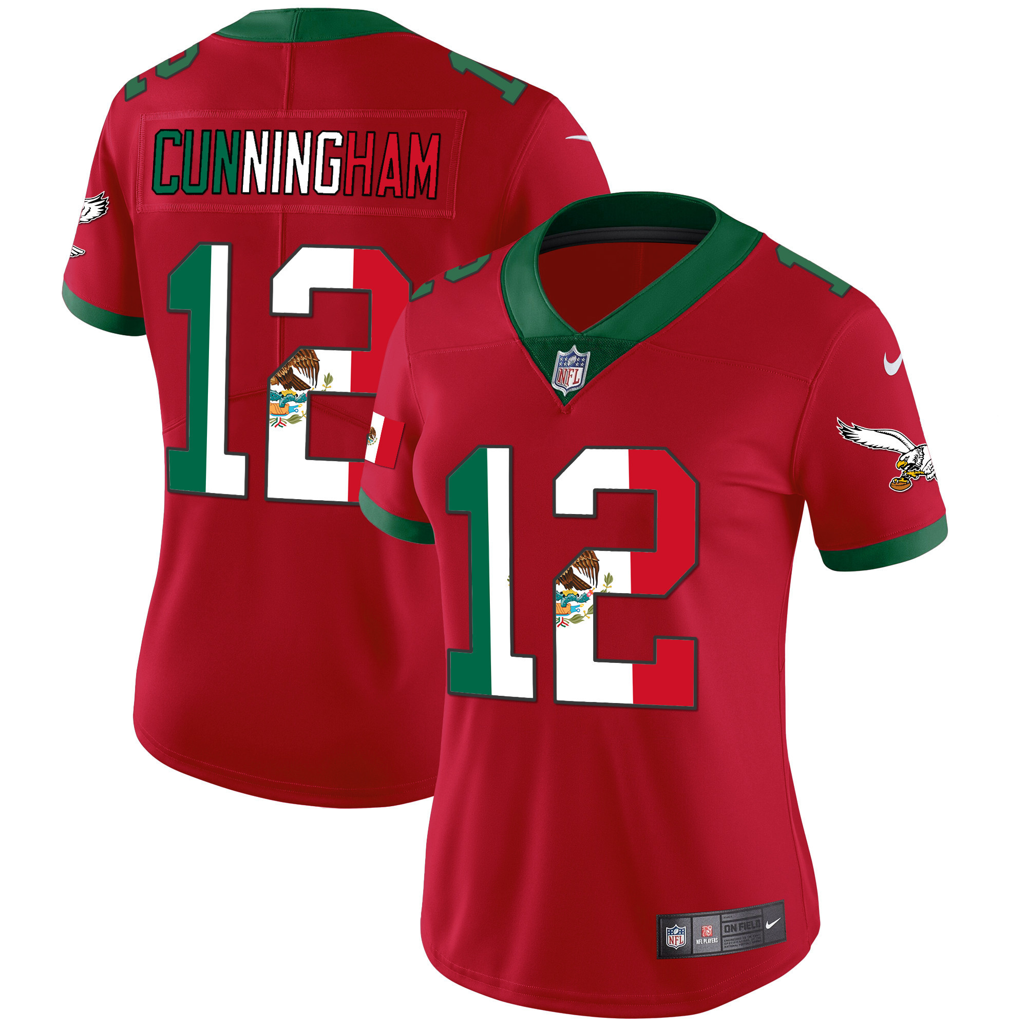 Randall Cunningham Women's Philadelphia Eagles Mexico Gold & Kelly Vapor Red Jersey - All Stitched