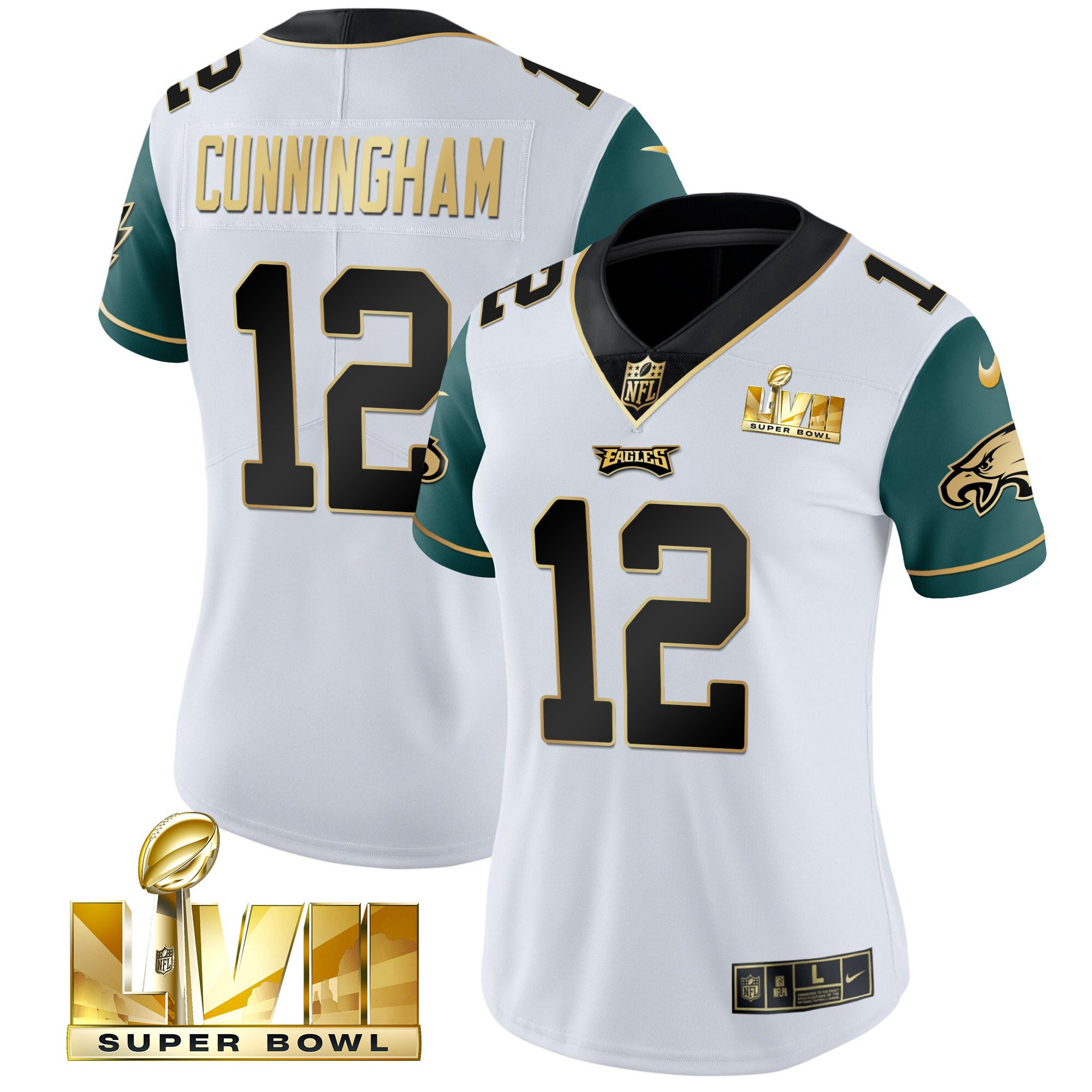 Randall Cunningham Women's Philadelphia Eagles Super Bowl LVII Gold Vapor Midnight Green Sleeves Jersey - All Stitched