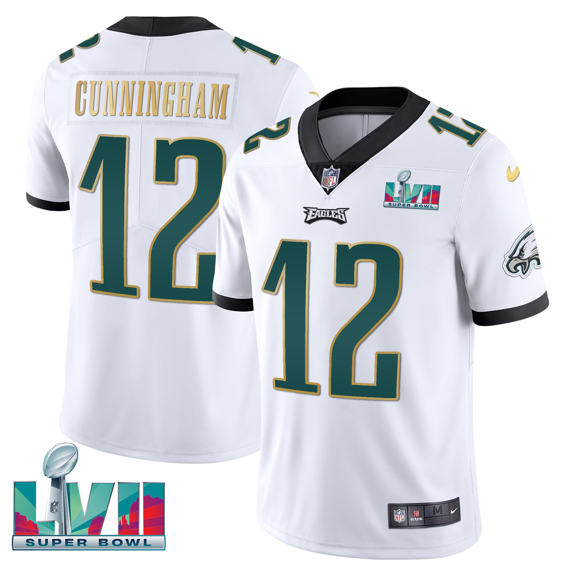 Randall Cunningham Youth's Philadelphia Eagles Super Bowl Patch Vapor White Gold Trim Jersey - All Stitched