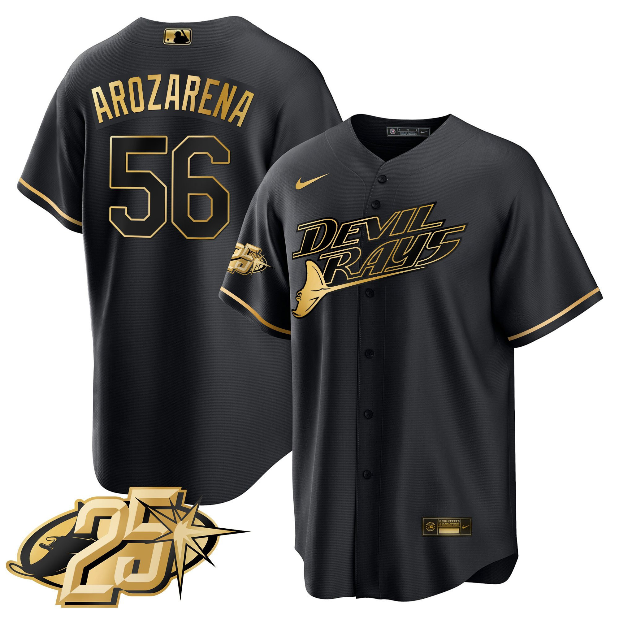 Randy Arozarena Men's Tampa Bay Rays 25th Anniversary Patch Cool Base Black Gold Jersey - All Stitched