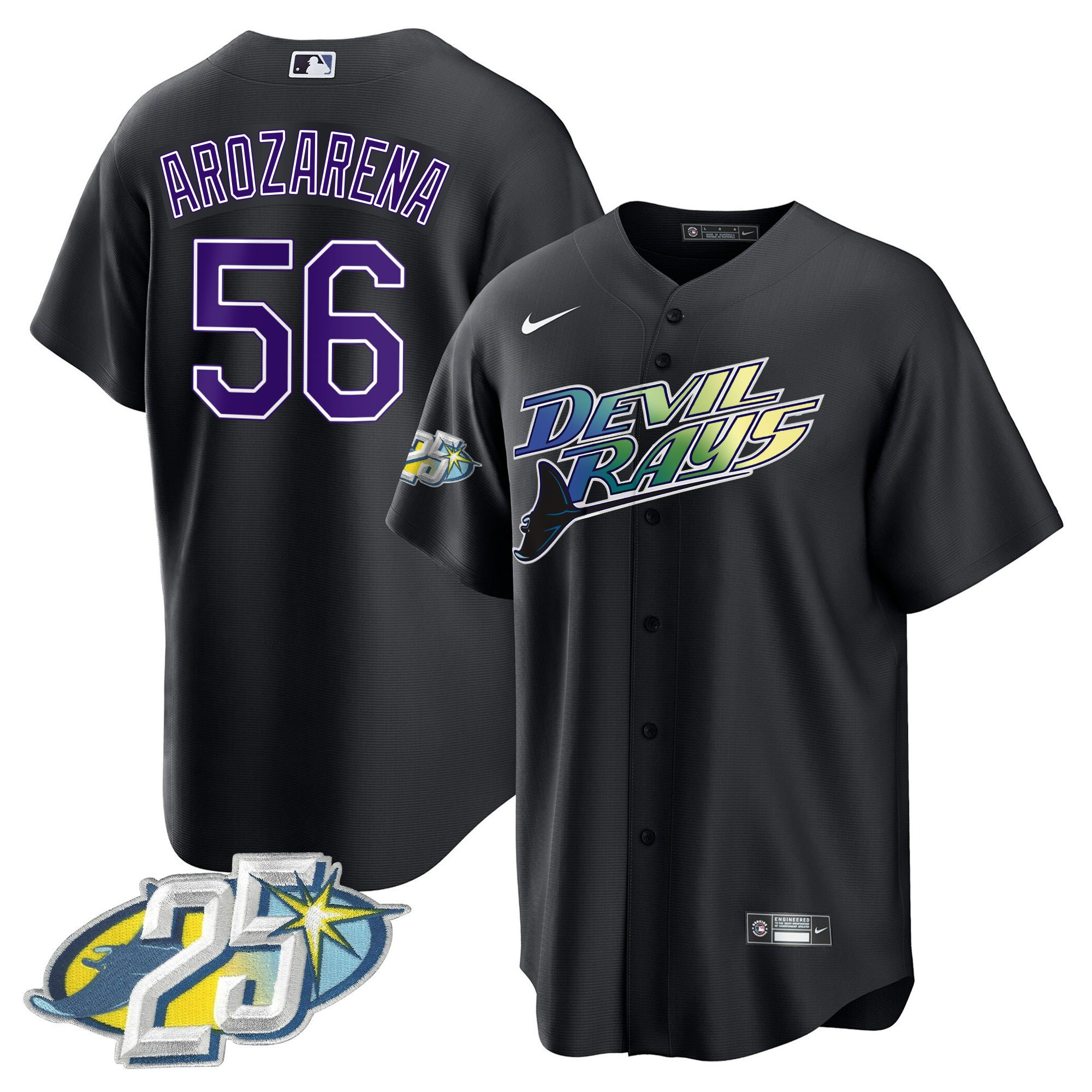 Randy Arozarena Men's Tampa Bay Rays 25th Anniversary Patch Cool Base Black Jersey - All Stitched