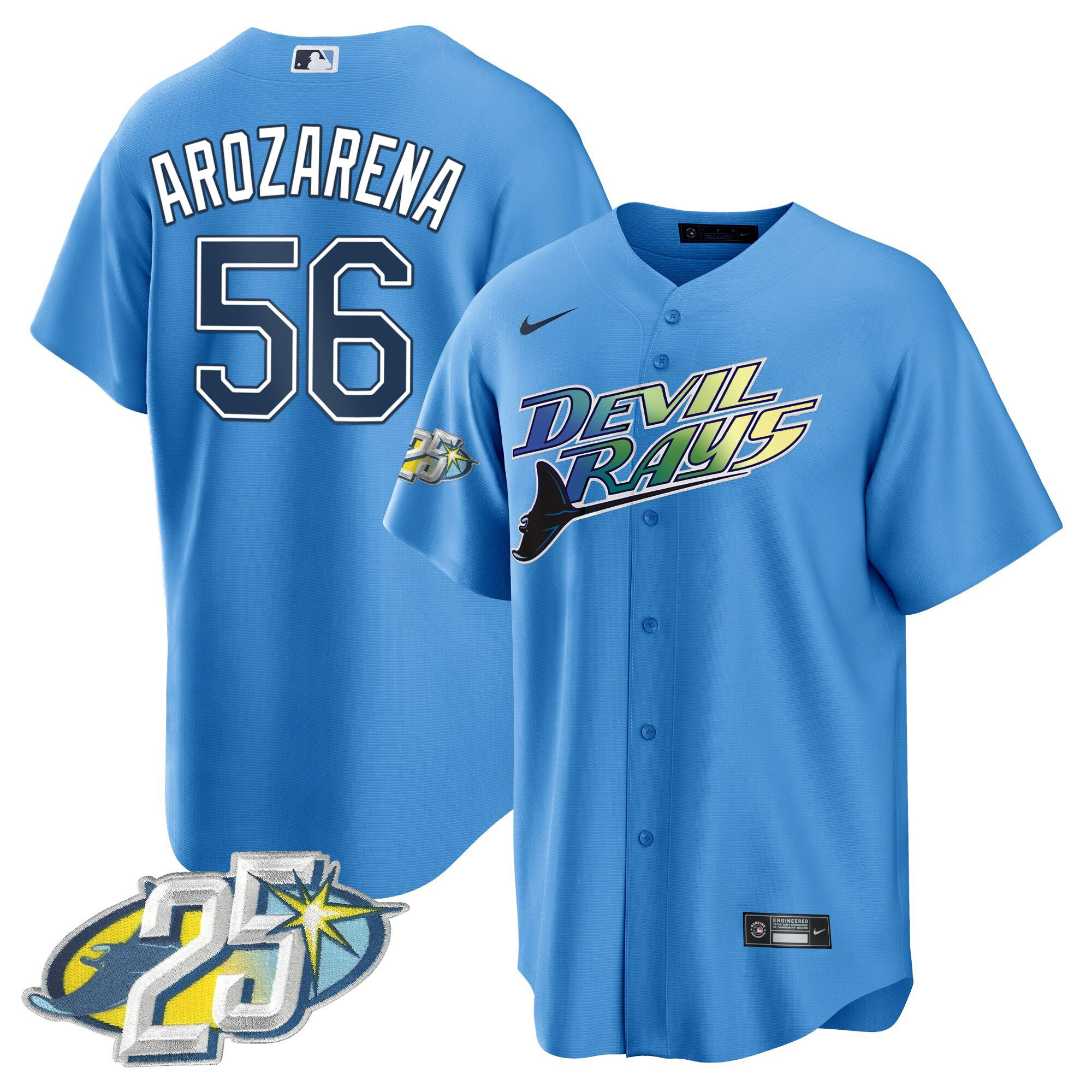 Randy Arozarena Men's Tampa Bay Rays 25th Anniversary Patch Cool Base Light Blue Jersey - All Stitched