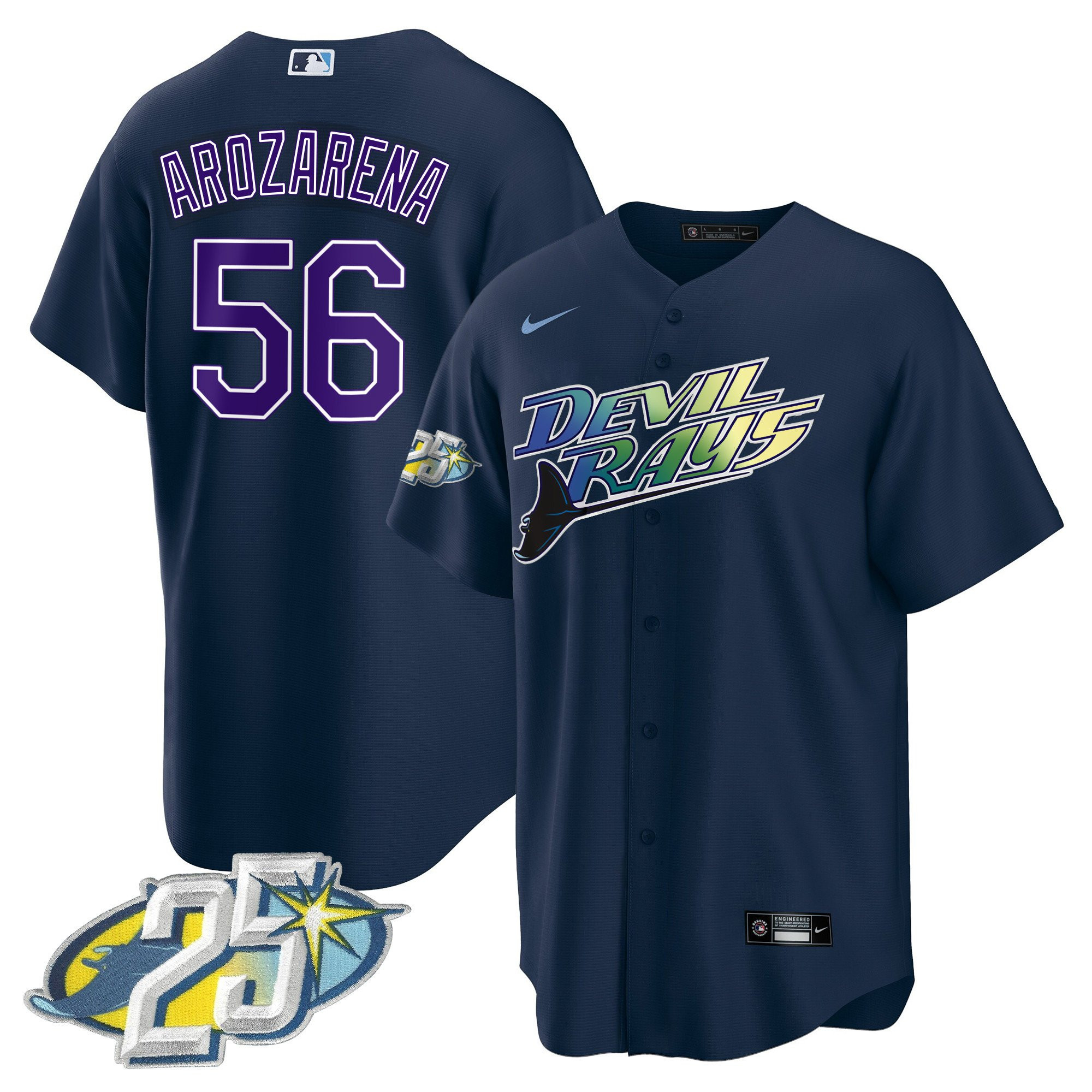 Randy Arozarena Men's Tampa Bay Rays 25th Anniversary Patch Cool Base Navy Jersey - All Stitched