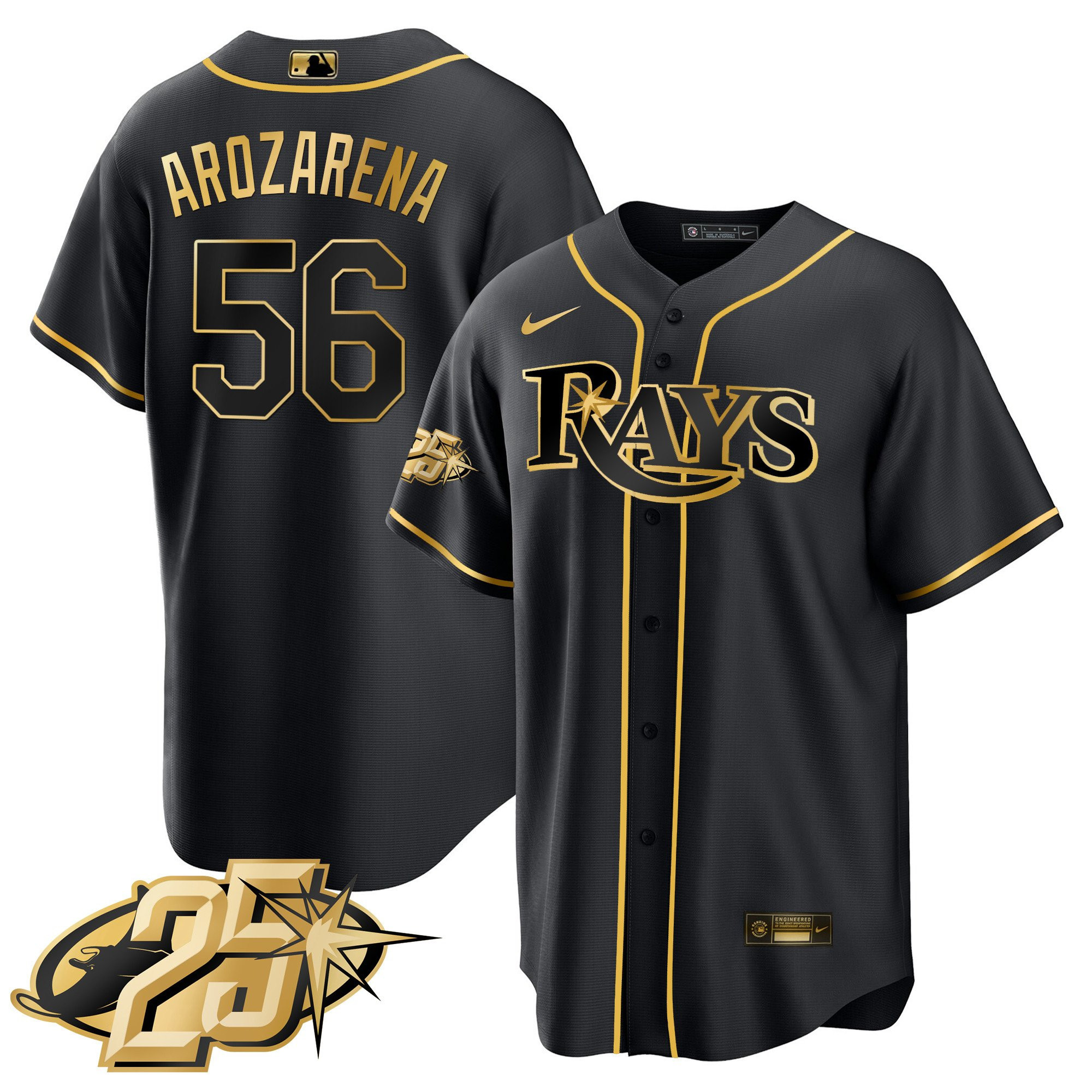 Randy Arozarena Men's Tampa Bay Rays 25th Anniversary Patch Cool Base V2 Black Gold Jersey - All Stitched