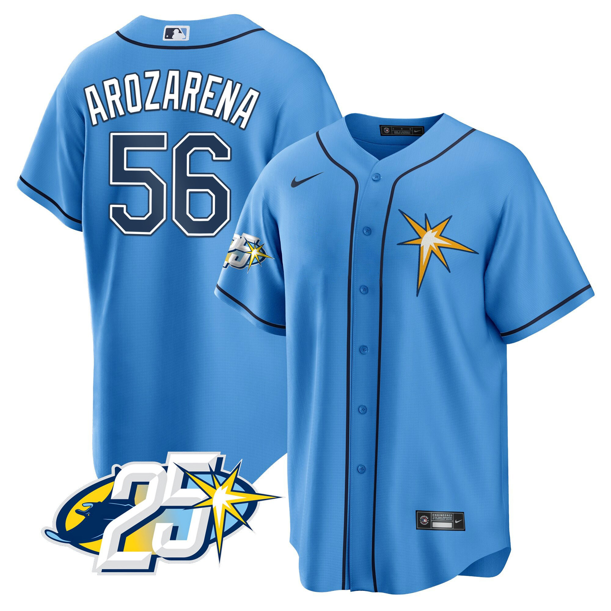 Randy Arozarena Men's Tampa Bay Rays 25th Anniversary Patch Cool Base V2 Light Blue Jersey - All Stitched