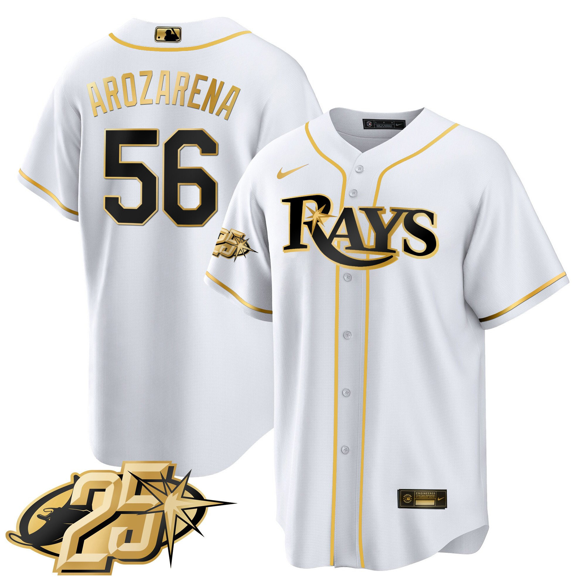 Randy Arozarena Men's Tampa Bay Rays 25th Anniversary Patch Cool Base V2 White Gold Jersey - All Stitched