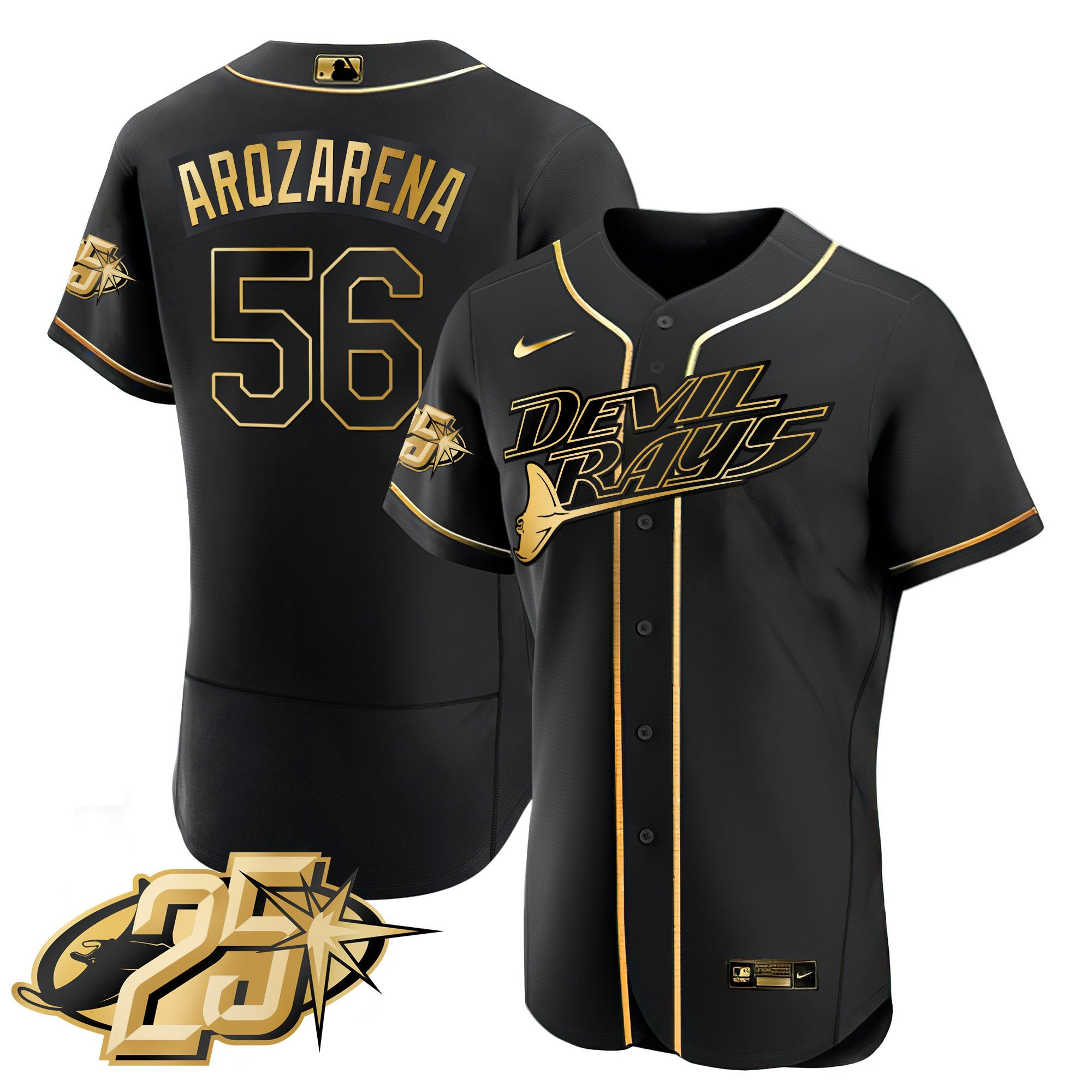 Randy Arozarena Men's Tampa Bay Rays 25th Anniversary Patch Flex Base Black Gold Jersey - All Stitched