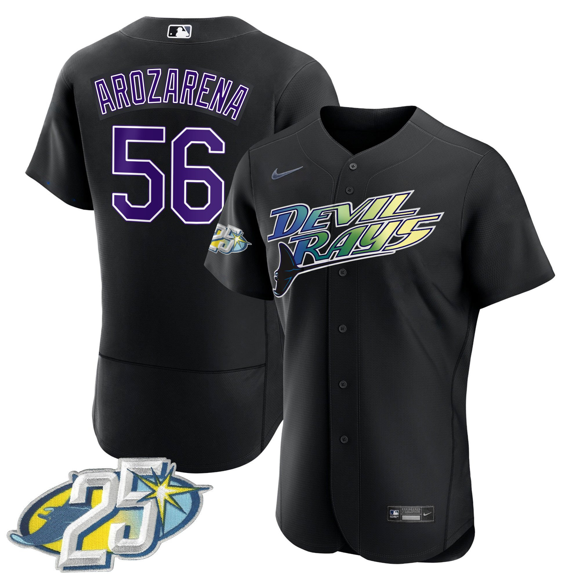 Randy Arozarena Men's Tampa Bay Rays 25th Anniversary Patch Flex Base Black Jersey - All Stitched