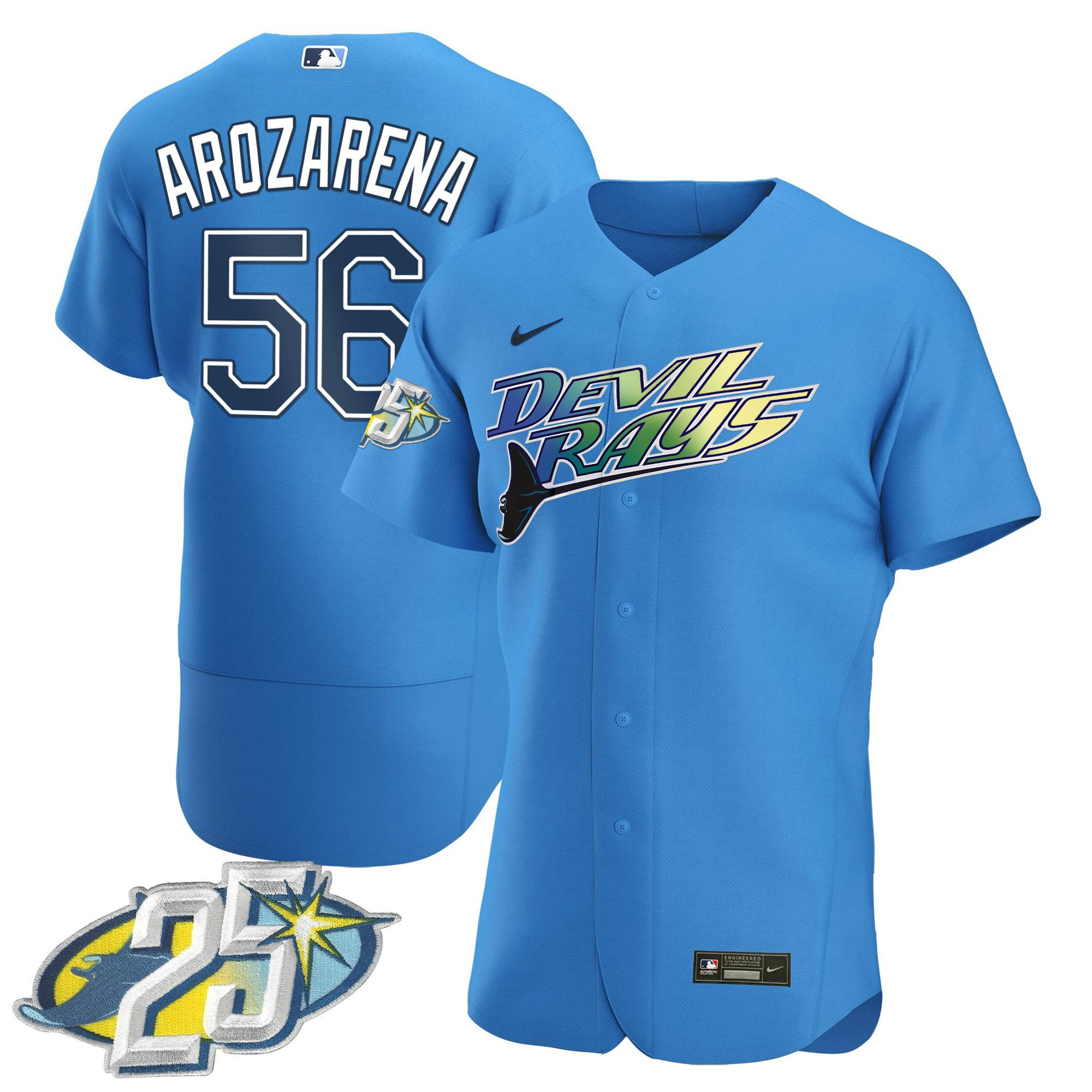 Randy Arozarena Men's Tampa Bay Rays 25th Anniversary Patch Flex Base Blue-Devil Jersey - All Stitched