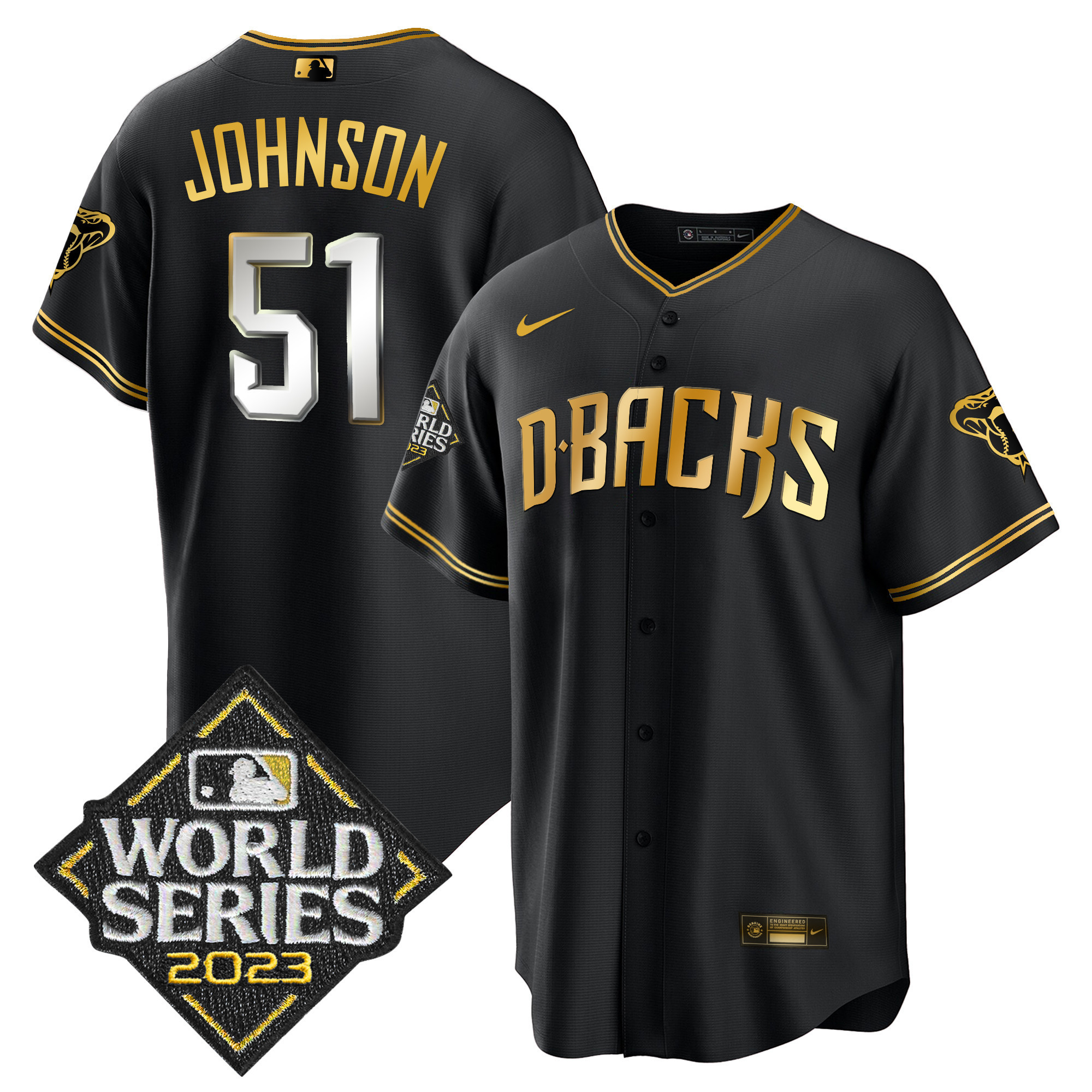 Randy Johnson Men's Arizona Diamondbacks 2023 World Series Cool Base Gold Black Limited Jersey - All Stitched