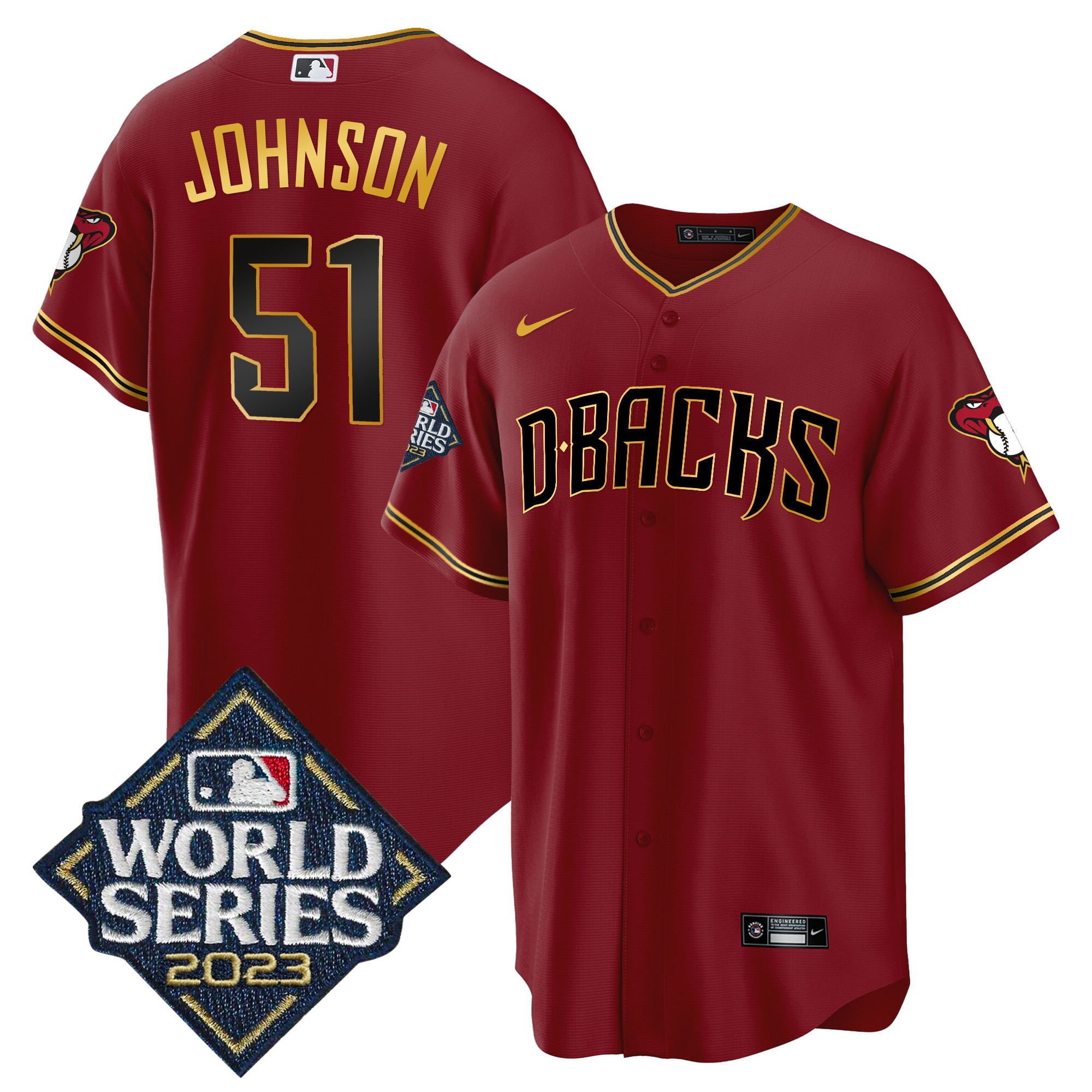 Randy Johnson Men's Arizona Diamondbacks 2023 World Series Cool Base Gold Crimson Gold Jersey - All Stitched