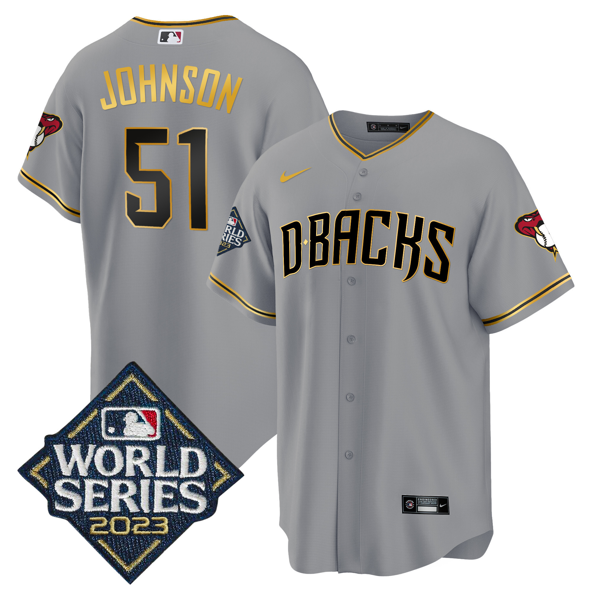 Randy Johnson Men's Arizona Diamondbacks 2023 World Series Cool Base Gold Gray Gold Jersey - All Stitched