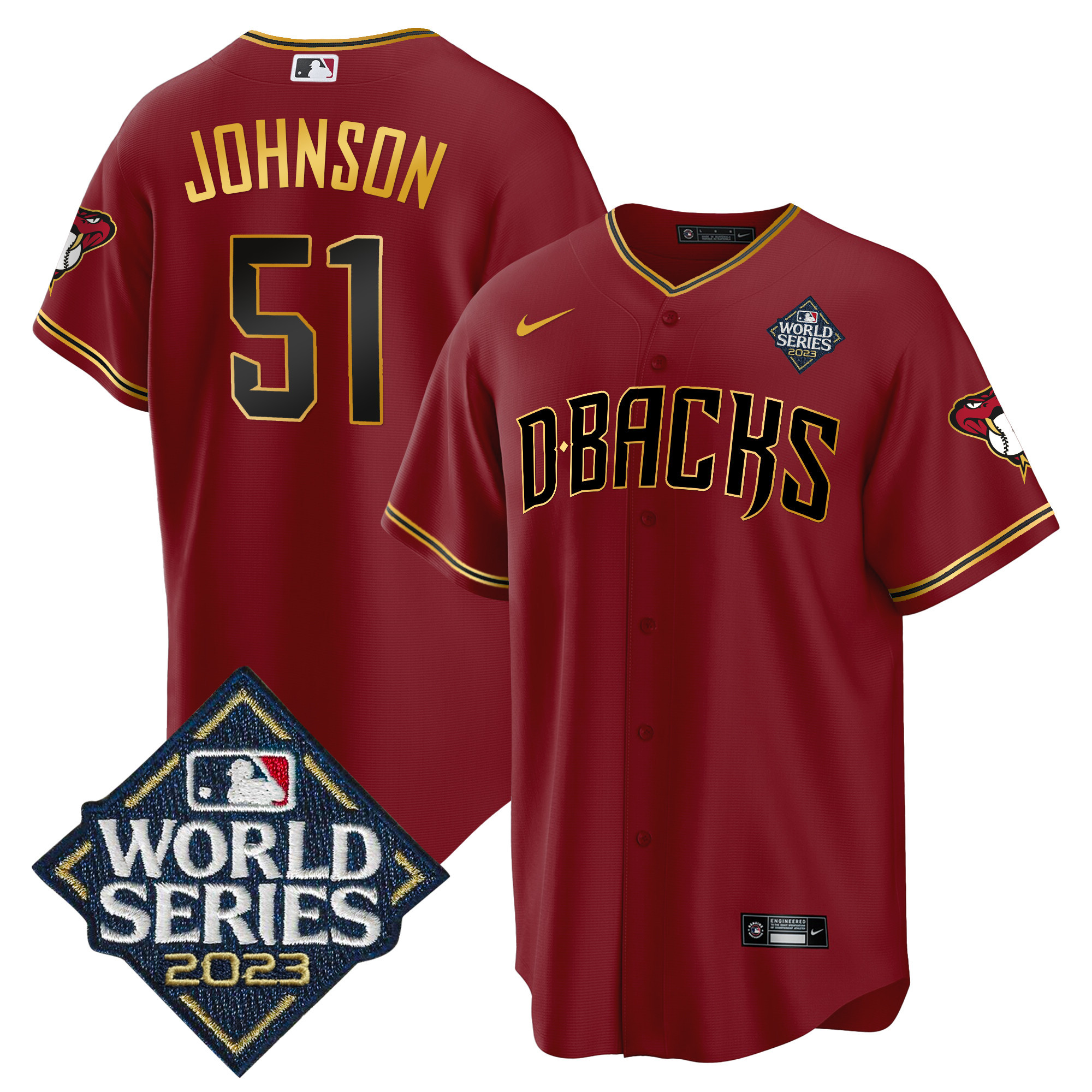Randy Johnson Men's Arizona Diamondbacks 2023 World Series Cool Base Gold V2 Crimson Gold Jersey - All Stitched